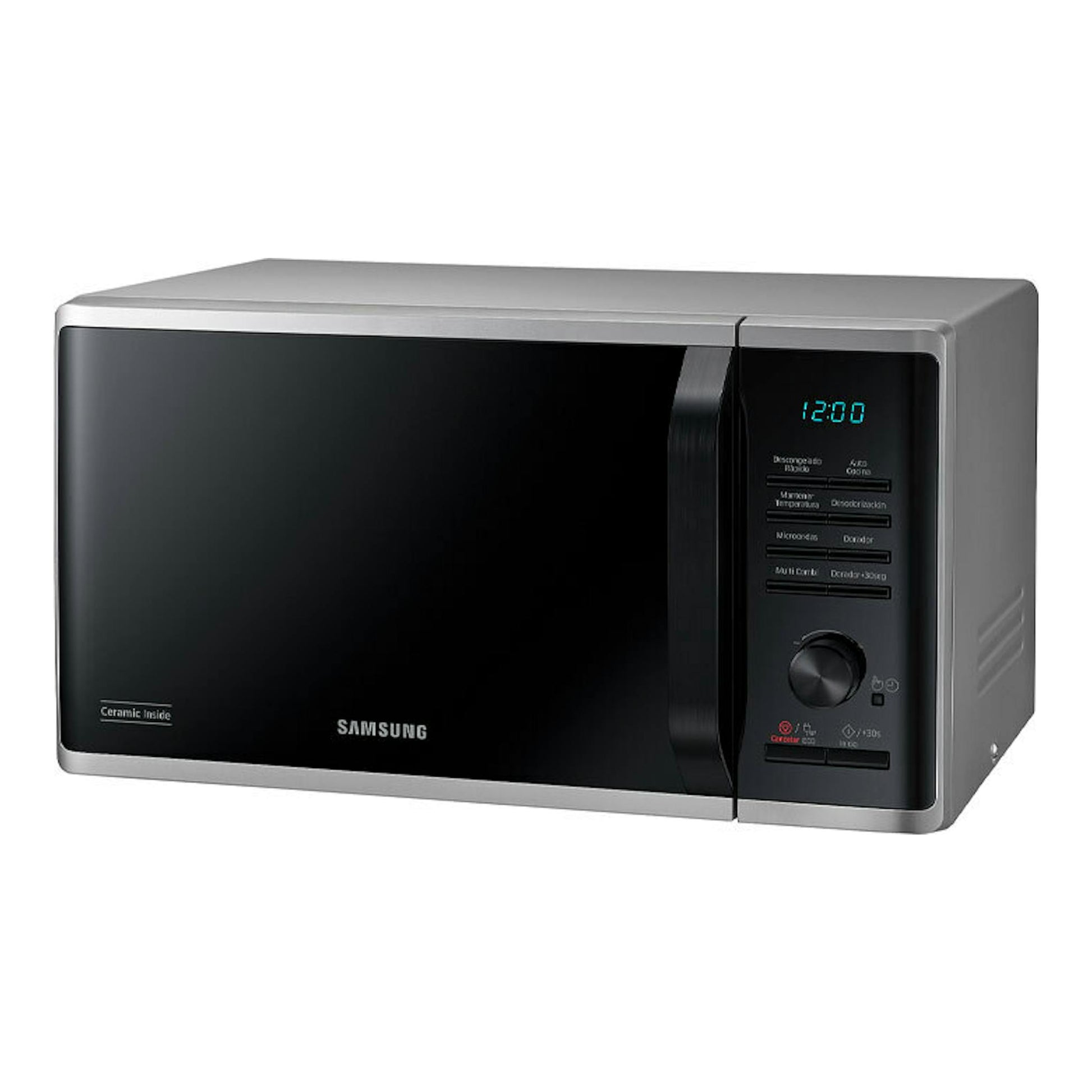Microondas Samsung MG23K3515AS/EC inox, vista frontal en ángulo, puerta negra y panel digital lateral.
