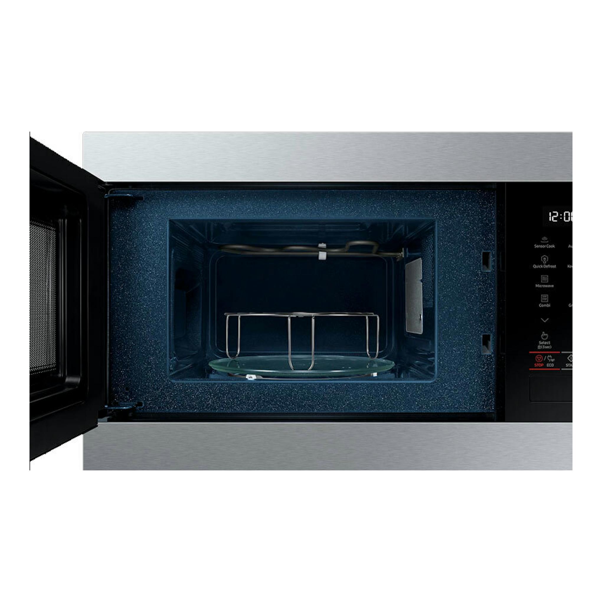 Microondas Samsung MG22M8274CT/EC inox, puerta abierta, vista frontal del interior azul con plato giratorio.