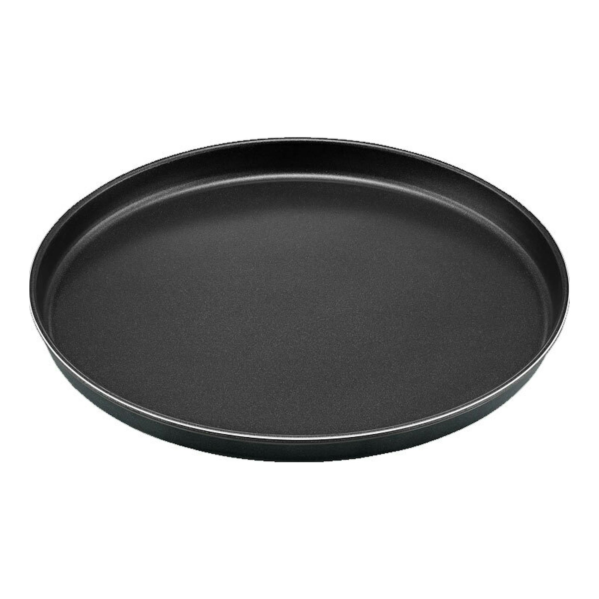 Bandeja redonda negra, vista cenital, sobre fondo blanco.
