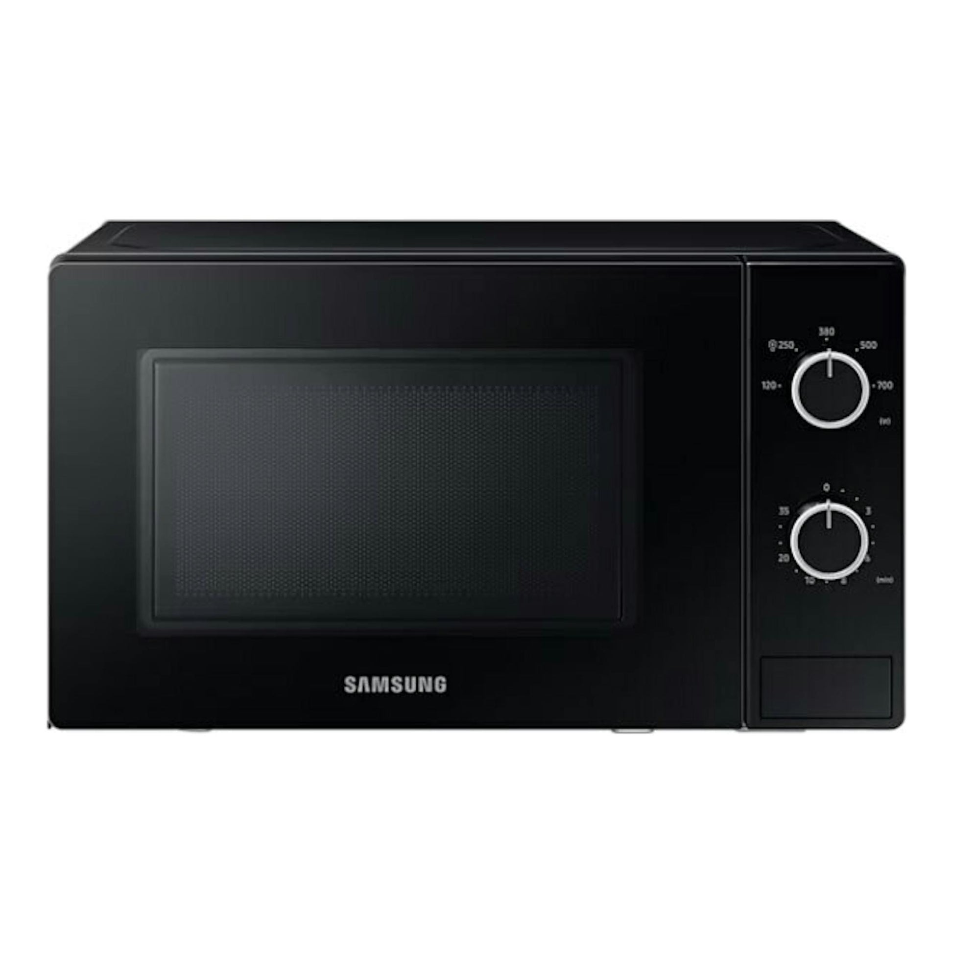 Microondas Samsung MS20A3010AL/EC negro, vista frontal, con dos mandos giratorios a la derecha.