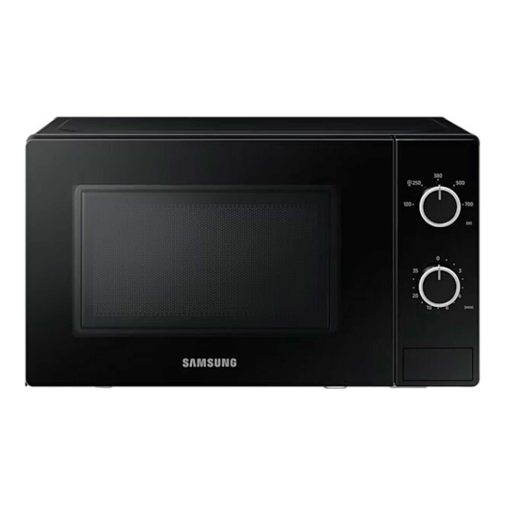 Microondas Samsung MS20A3010AL/EC negro, vista frontal, con dos mandos giratorios a la derecha.