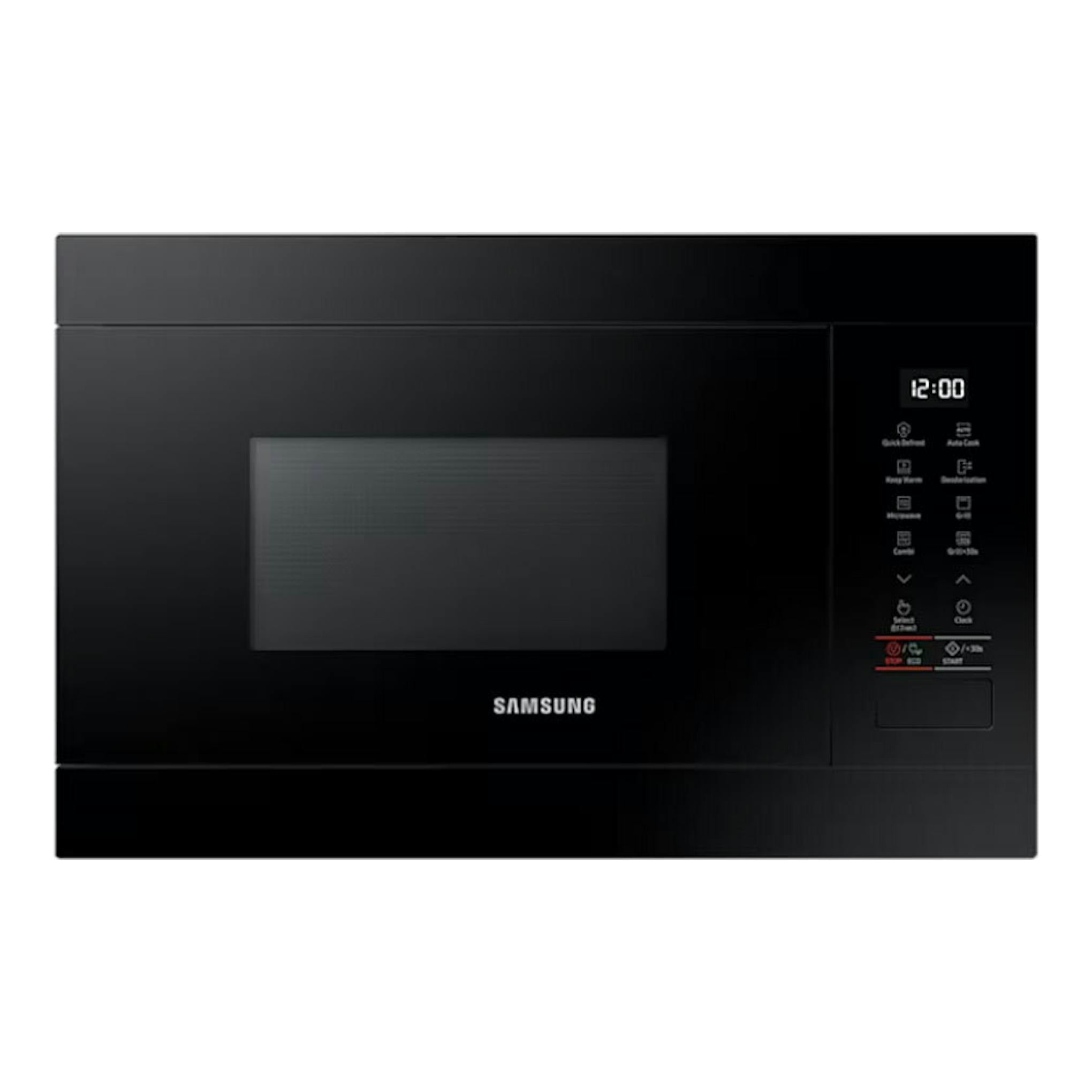 Microondas Samsung MG22M8254AK/EC negro, vista frontal, con panel digital a la derecha.