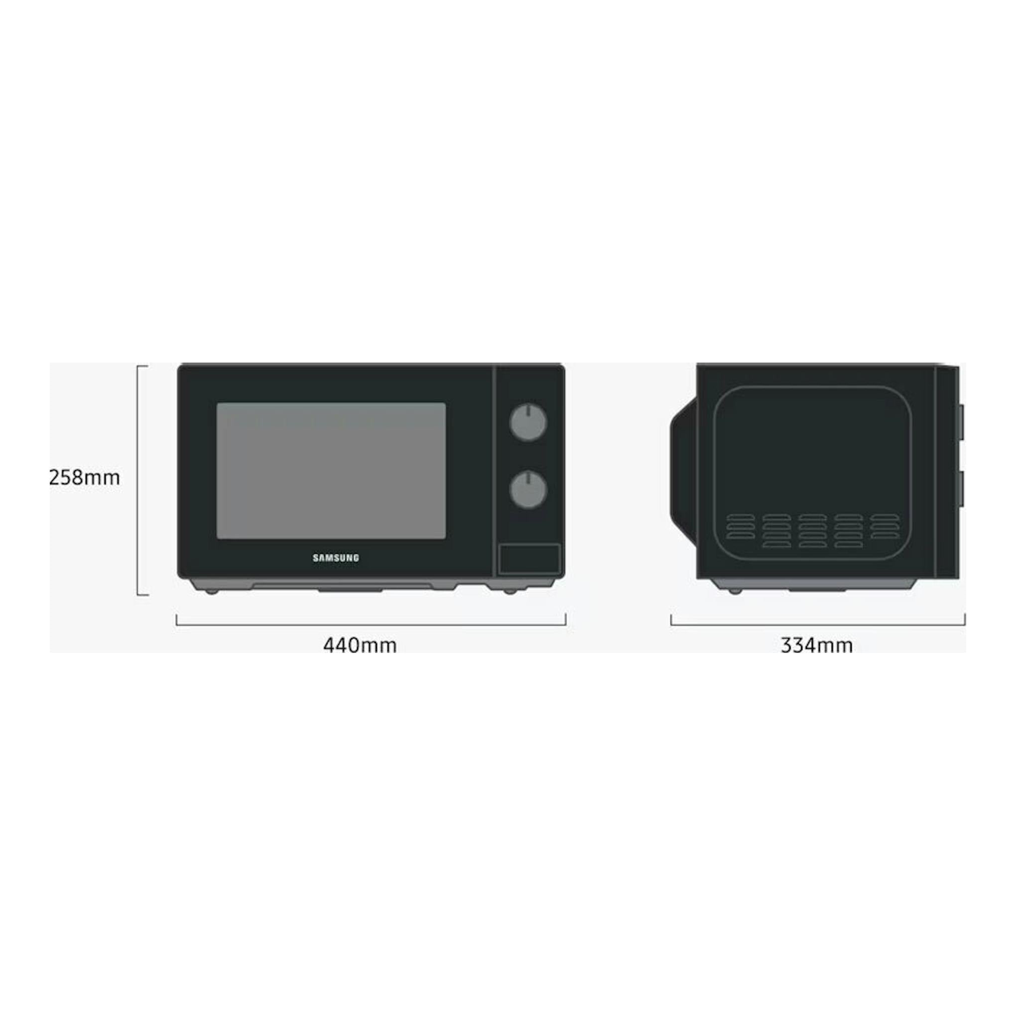 Microondas Samsung MS20A3010AL/EC negro, vista frontal y lateral, con medidas 440×258×334 mm.