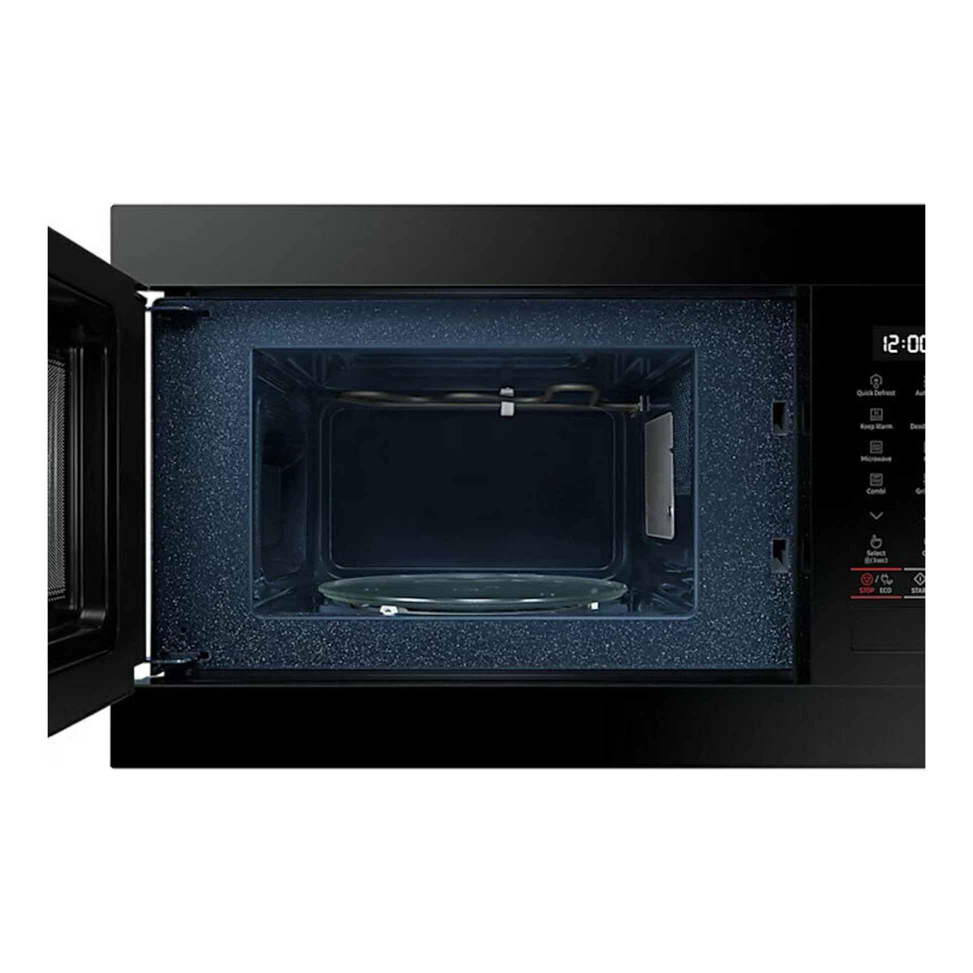 Microondas Samsung MG22M8254AK/EC negro, puerta abierta, interior visible y panel de control lateral.