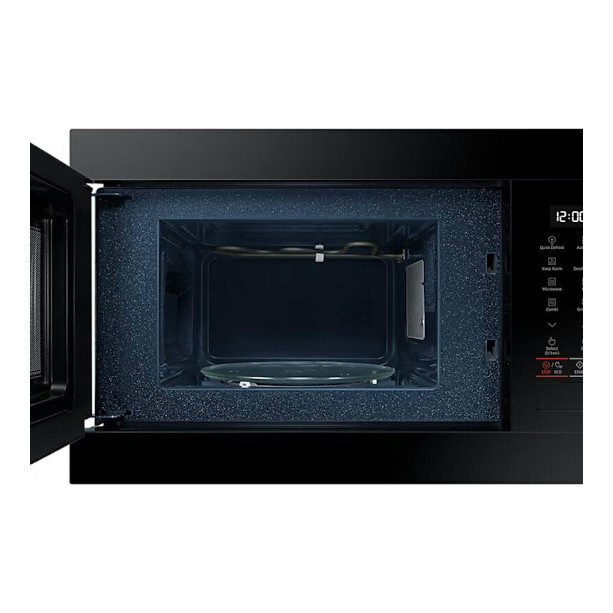 Microondas Samsung MG22M8254AK/EC negro, puerta abierta, interior visible y panel de control lateral.