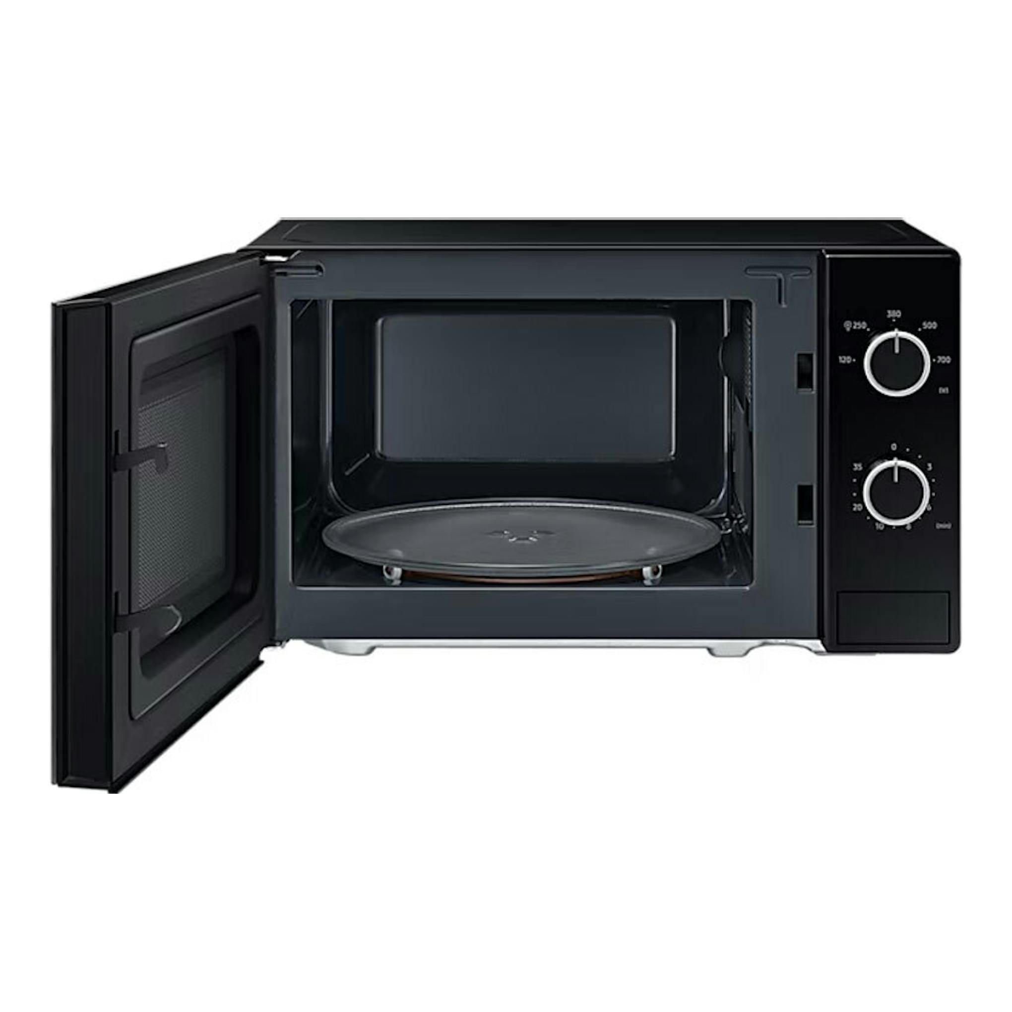 Microondas Samsung MS20A3010AL/EC negro, vista frontal con la puerta abierta.
