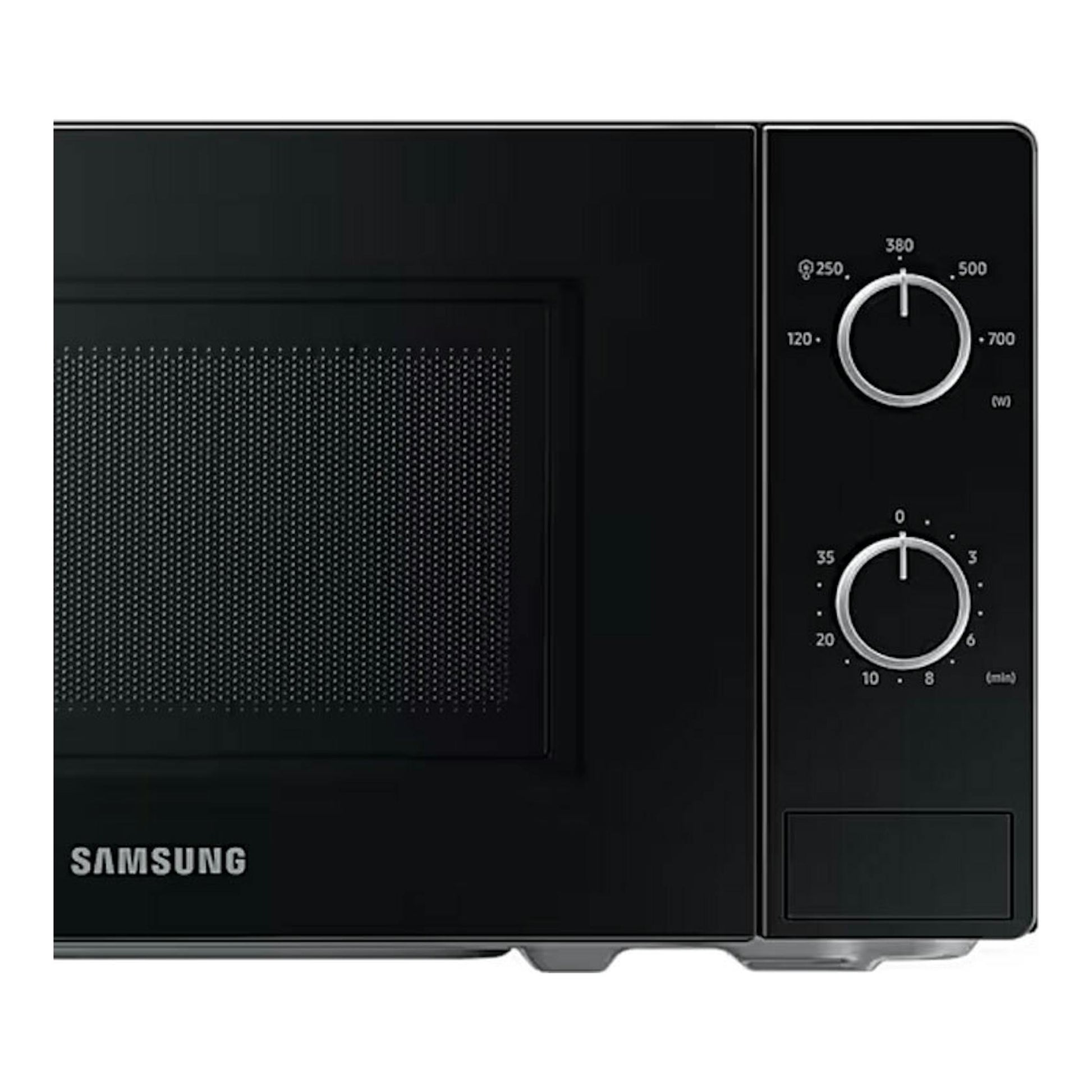 Microondas Samsung MS20A3010AL/EC negro, vista frontal con dos mandos giratorios y puerta de malla.