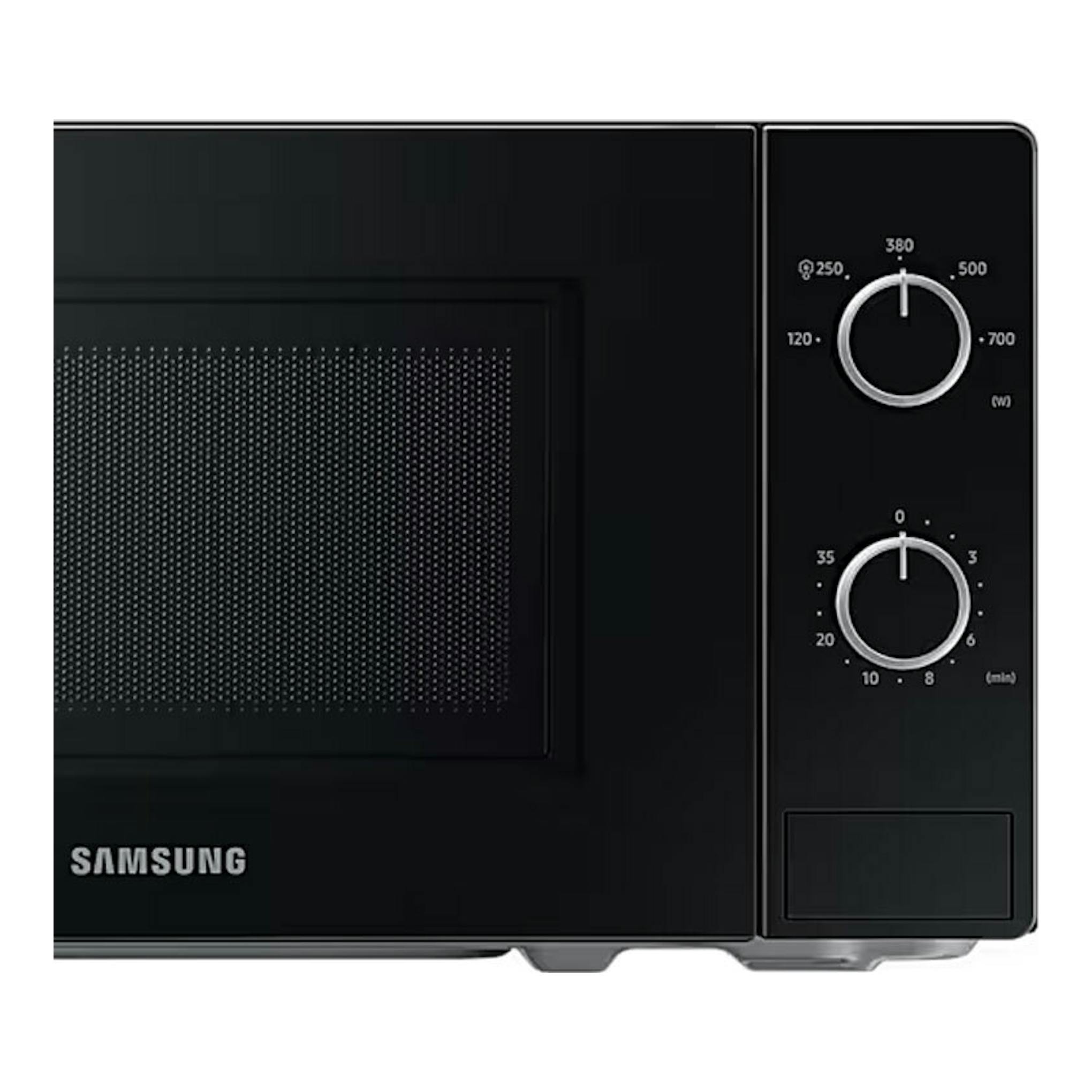 Microondas Samsung MS20A3010AL/EC negro, vista frontal con dos mandos giratorios y puerta de malla.