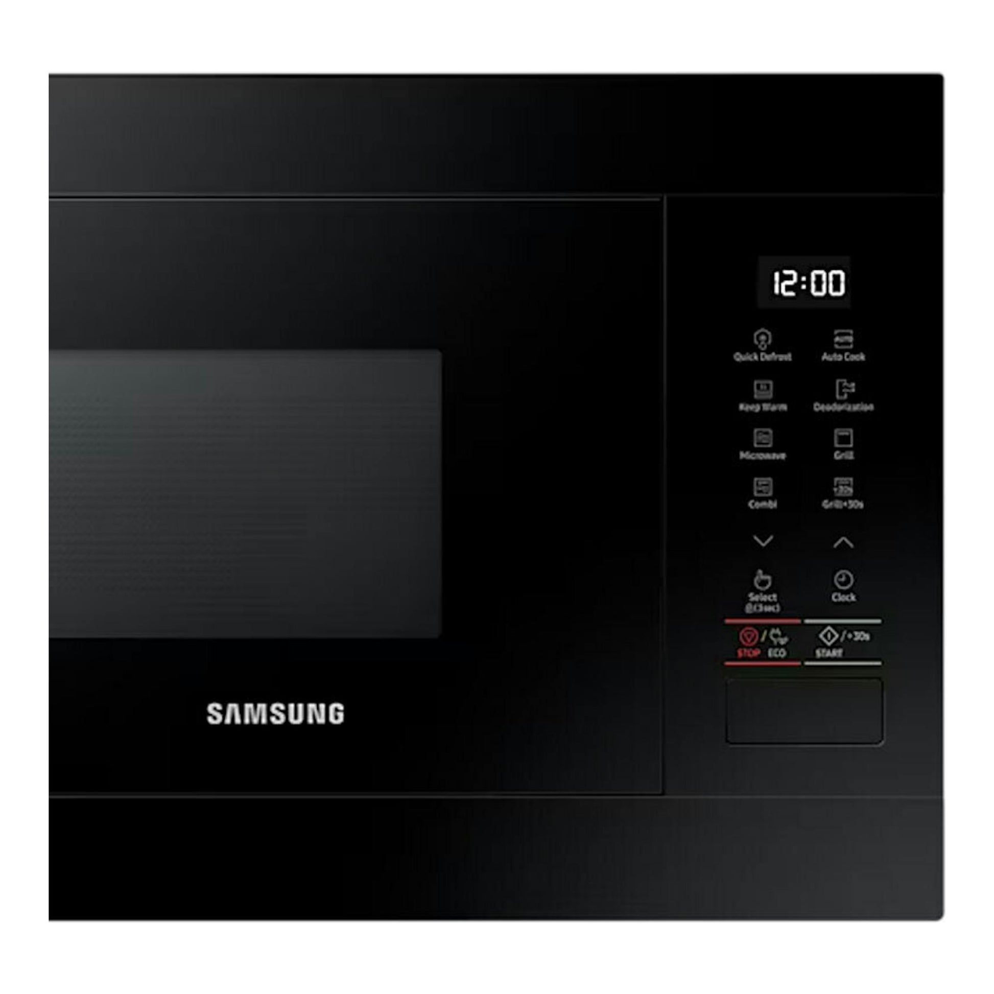 Microondas Samsung MG22M8254AK/EC negro, vista frontal, con panel digital y pantalla 12:00.
