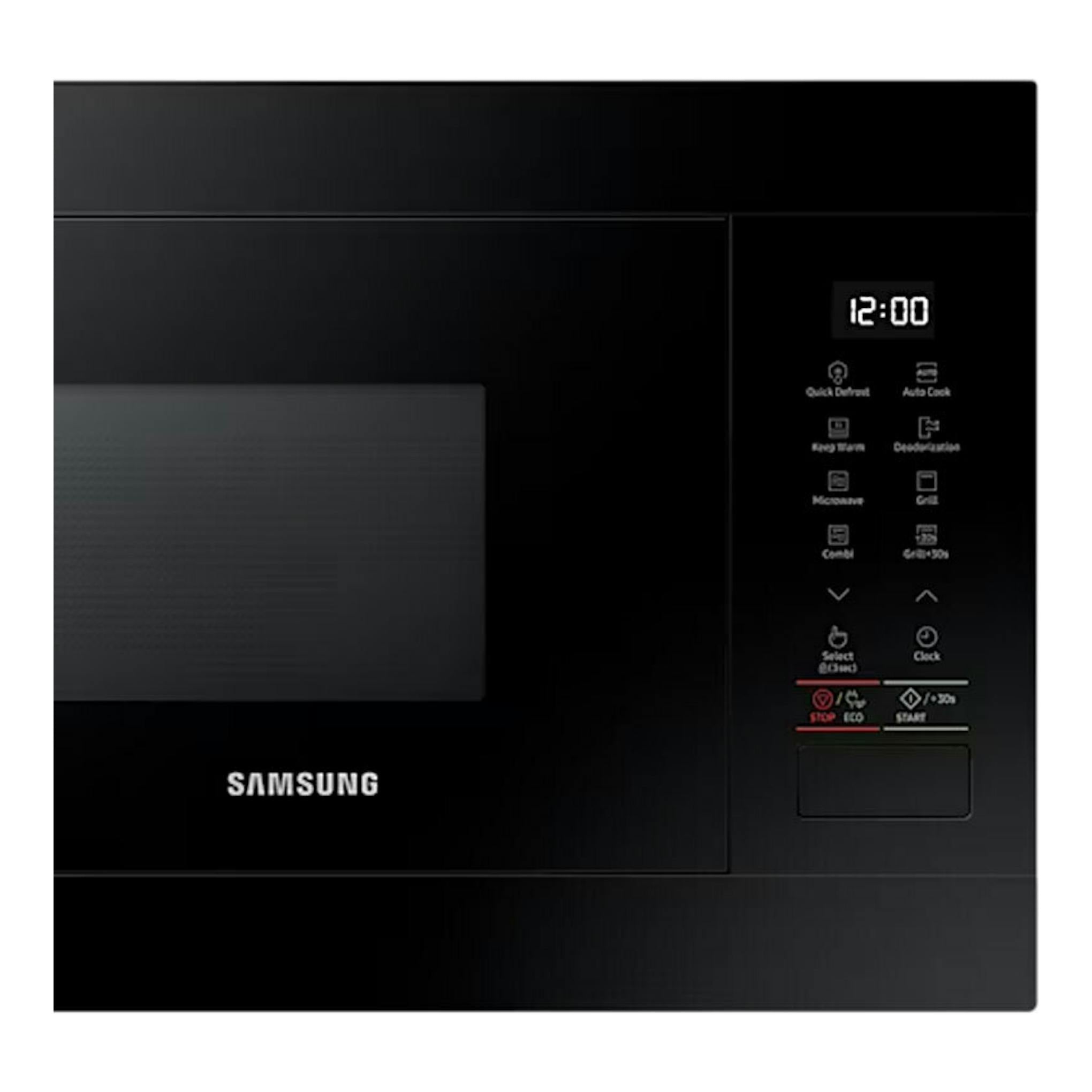 Microondas Samsung MG22M8254AK/EC negro, vista frontal, con panel digital y pantalla 12:00.