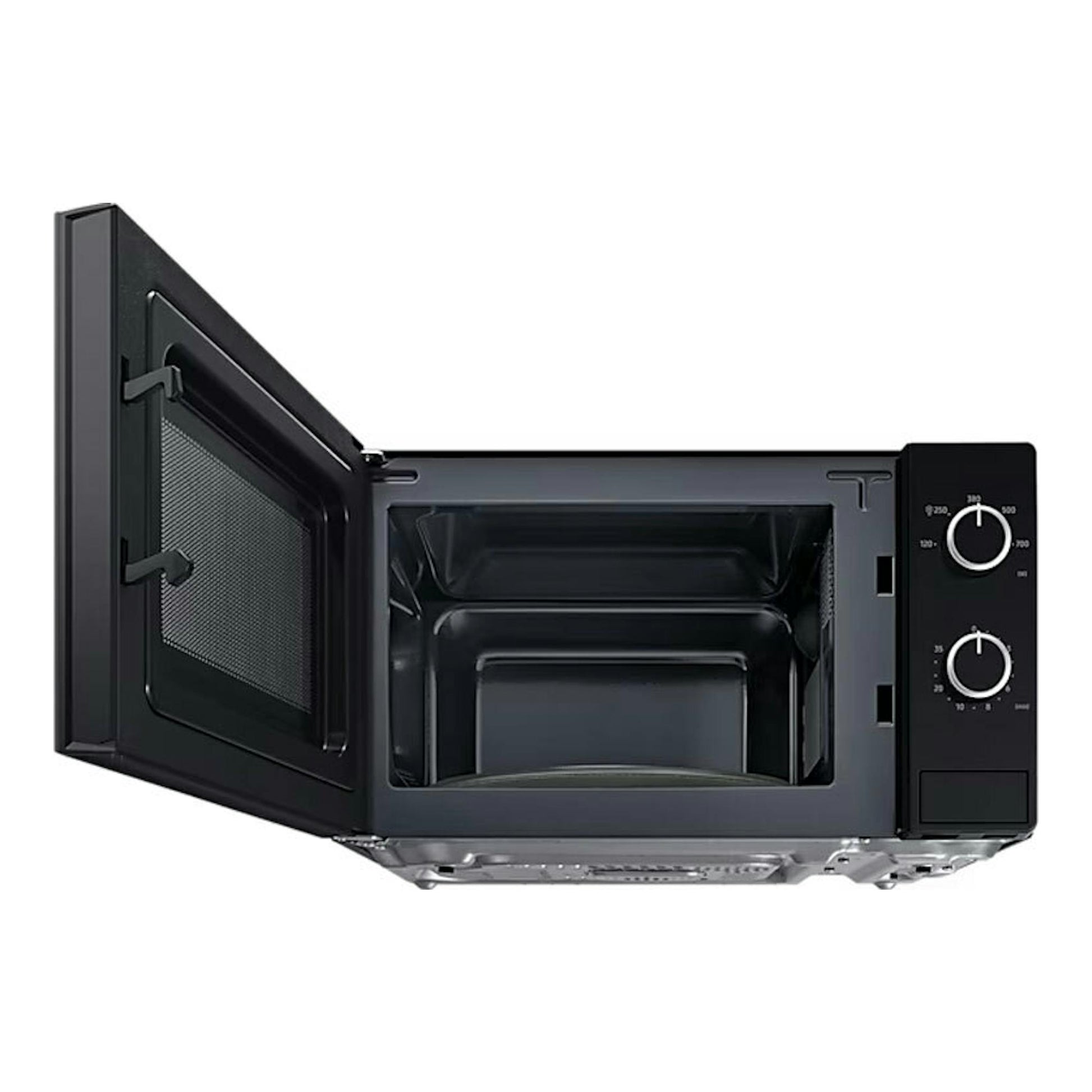 Microondas Samsung MS20A3010AL/EC negro, vista frontal con la puerta abierta y dos mandos laterales.