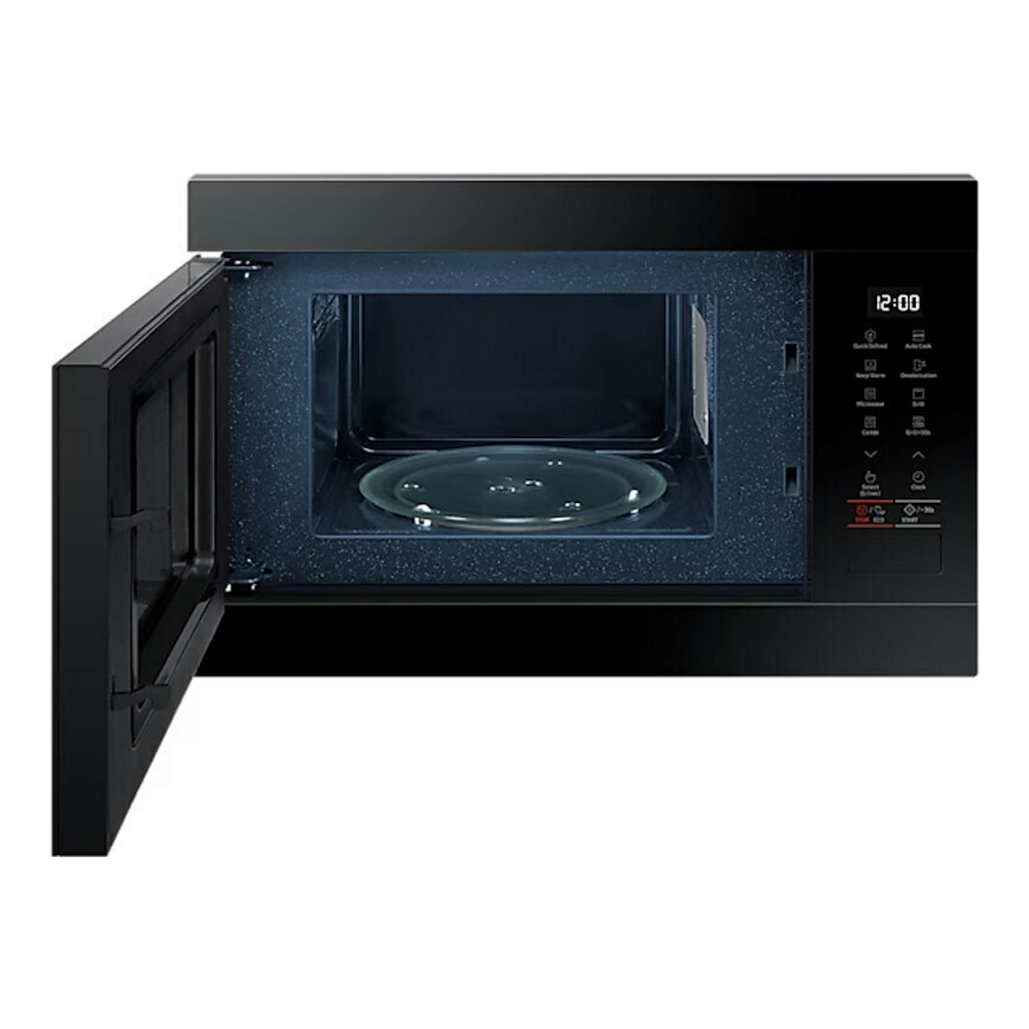 Microondas Samsung MG22M8254AK/EC negro, vista frontal con la puerta abierta y panel digital a la derecha.