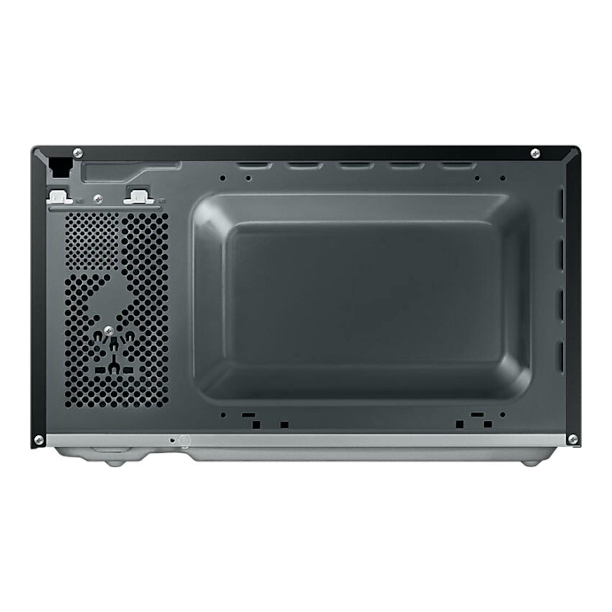 Samsung MS20A3010AL/EC, vista inferior de un microondas negro y gris con rejillas y panel metálico.