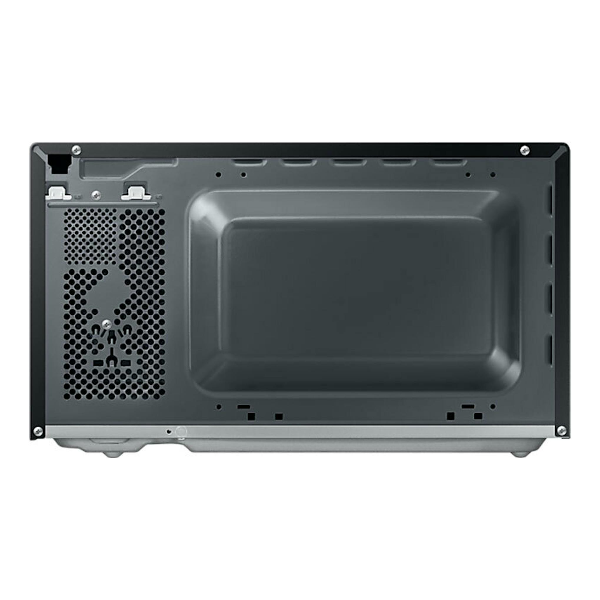 Samsung MS20A3010AL/EC, vista inferior de un microondas negro y gris con rejillas y panel metálico.