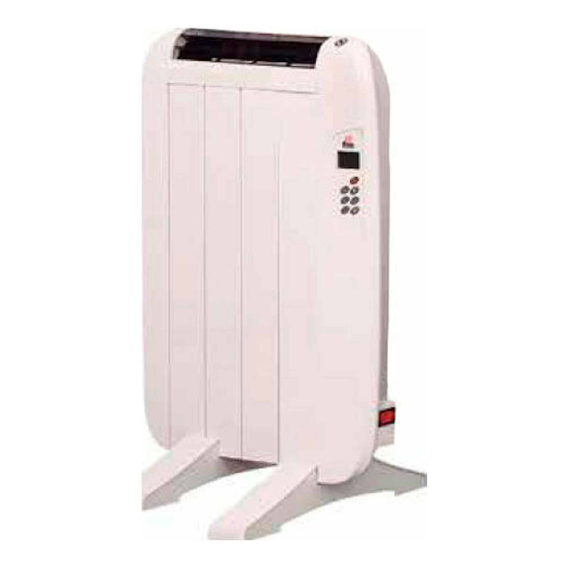 Ecoemisor FM DOMO600 blanco, vista frontal en tres cuartos, con panel superior negro y base de apoyo.