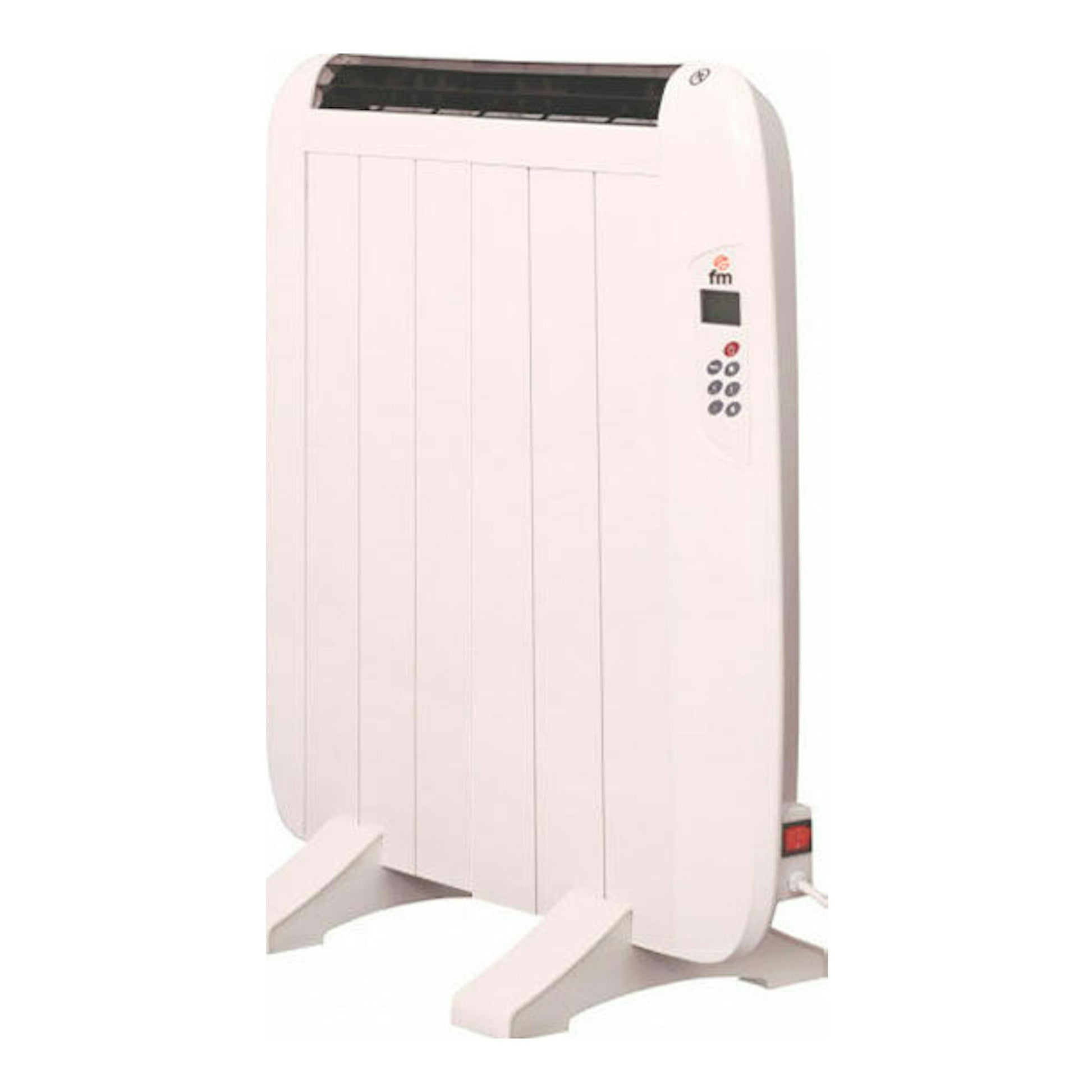 Ecoemisor FM DOMO900 blanco, vista frontal ligeramente lateral de un radiador eléctrico con panel de control.