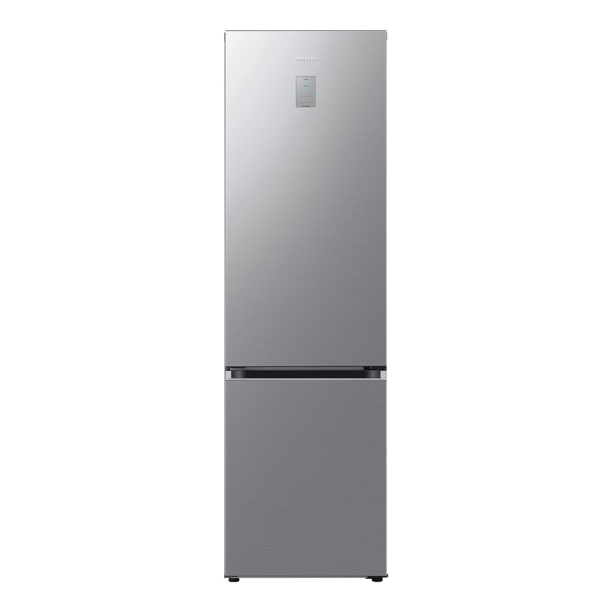 Frigorífico combi Samsung RB38C776DS9/EF en inox, vista frontal, con panel en la puerta superior.