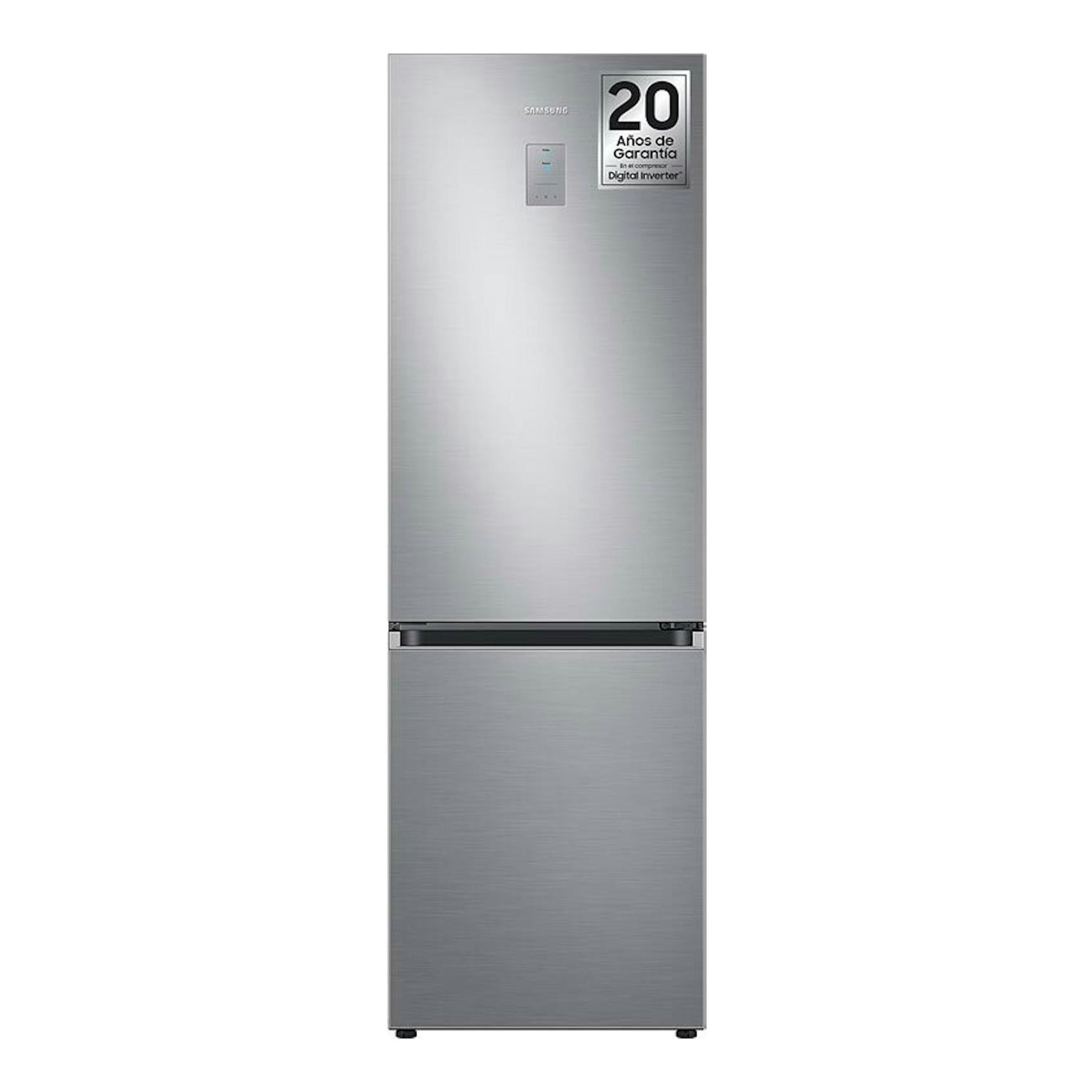 Frigorífico combi Samsung RB34C775CS9/EF color plata, vista frontal, con etiqueta de 20 años de garantía.