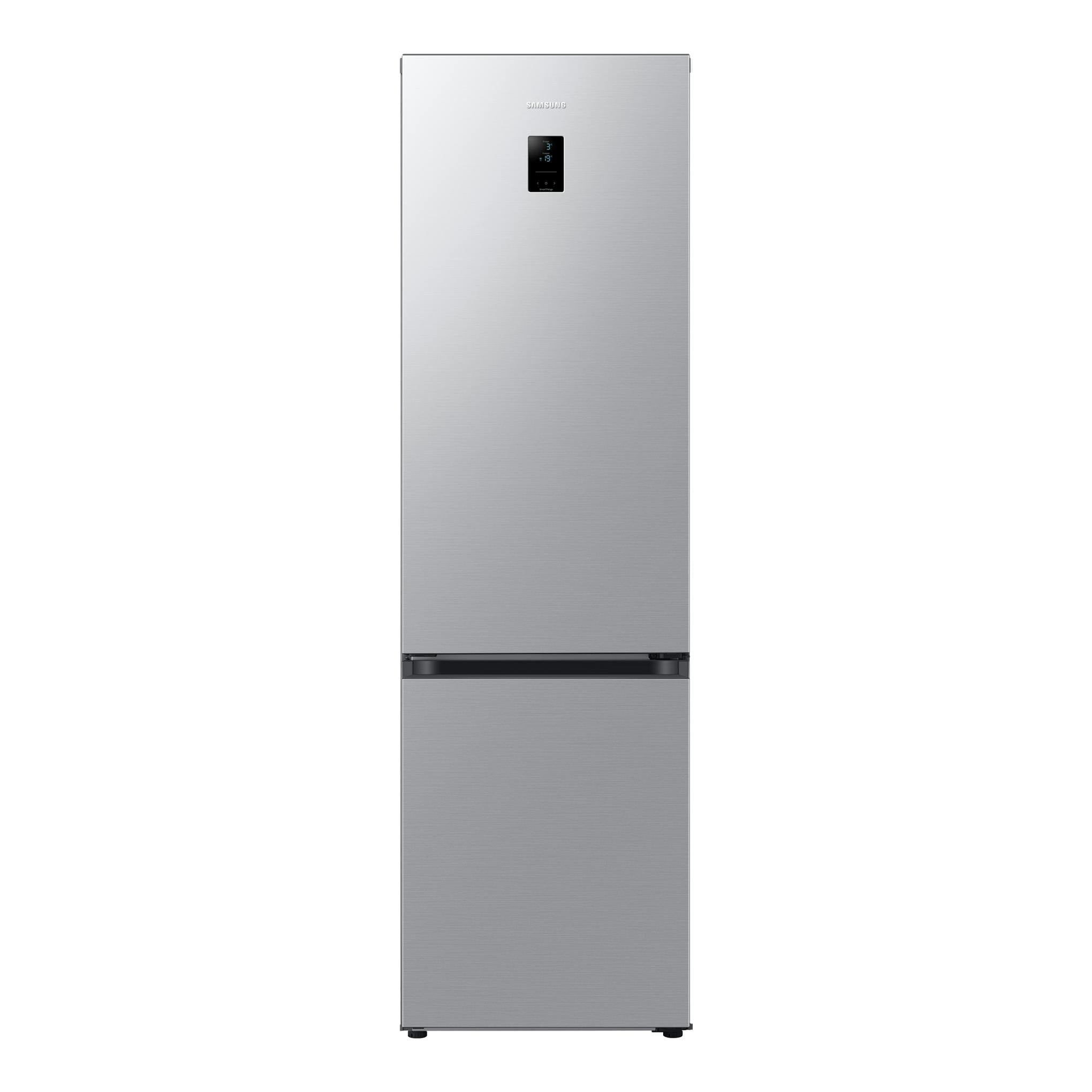 Frigorífico combi Samsung RB38C674CSA/EF, vista frontal, color acero inoxidable, con panel digital en la puerta.