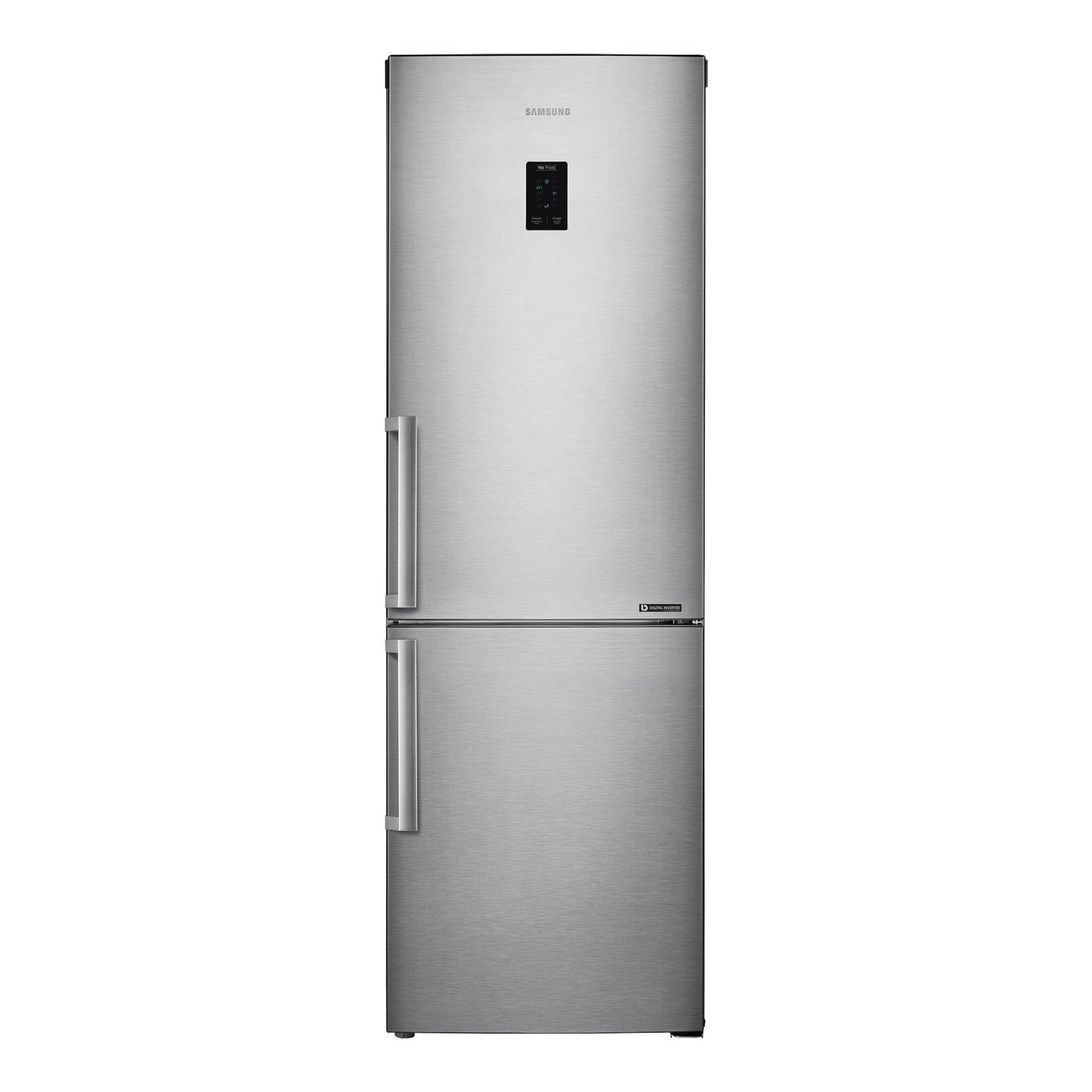Frigorífico combi Samsung RB33J3315SA/EF en inox, vista frontal, con dos puertas y display central.