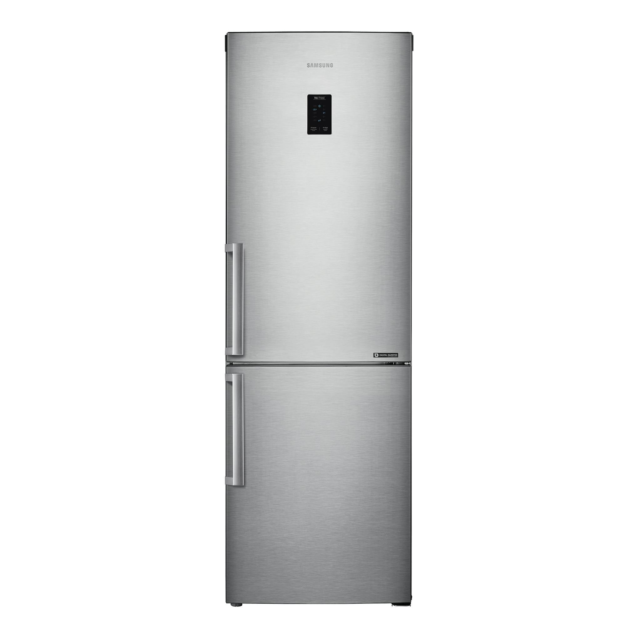 Frigorífico combi Samsung RB33J3315SA/EF en inox, vista frontal, con dos puertas y display central.