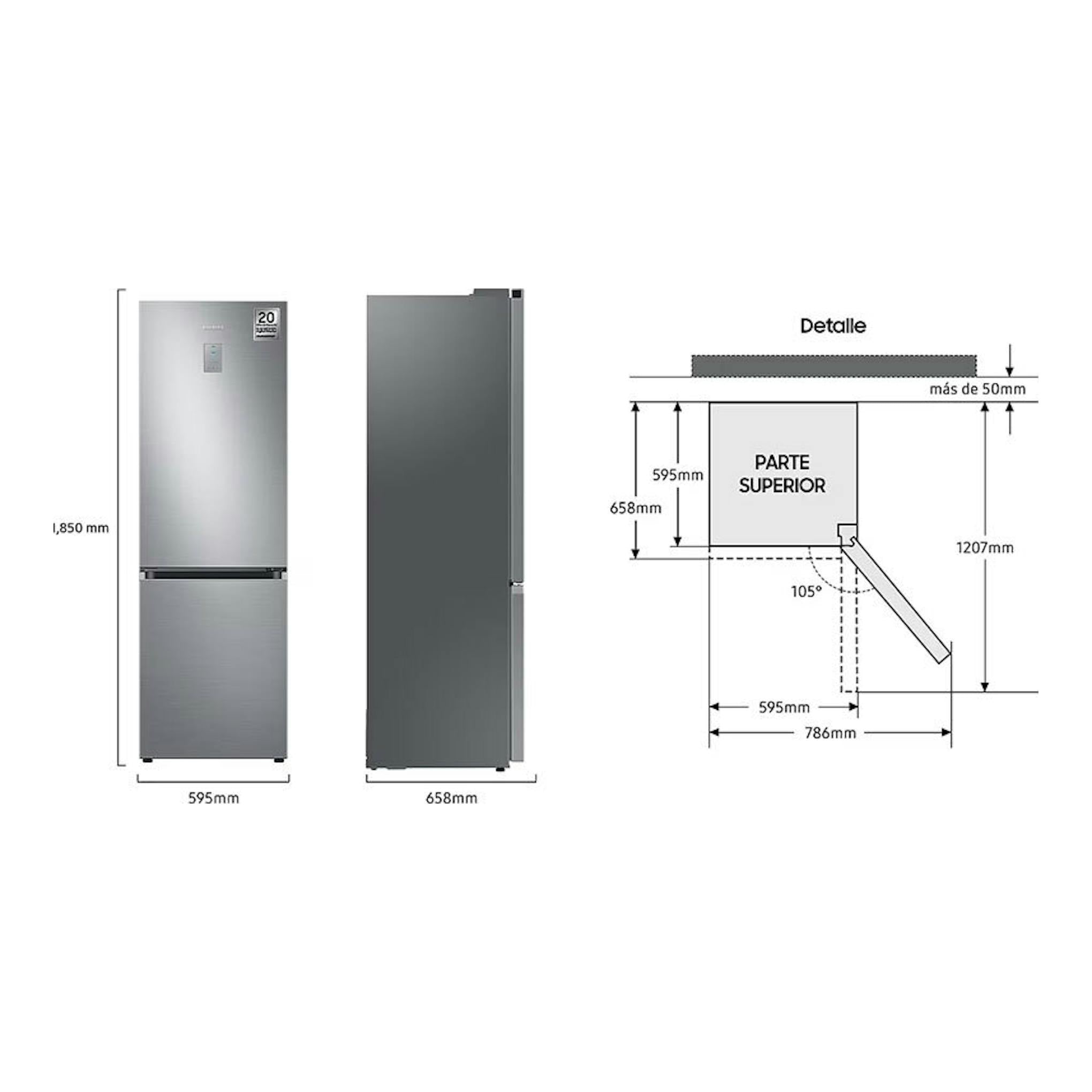 Frigorífico combi Samsung RB34C775CS9/EF en acero gris, vista frontal y lateral con esquema de medidas.