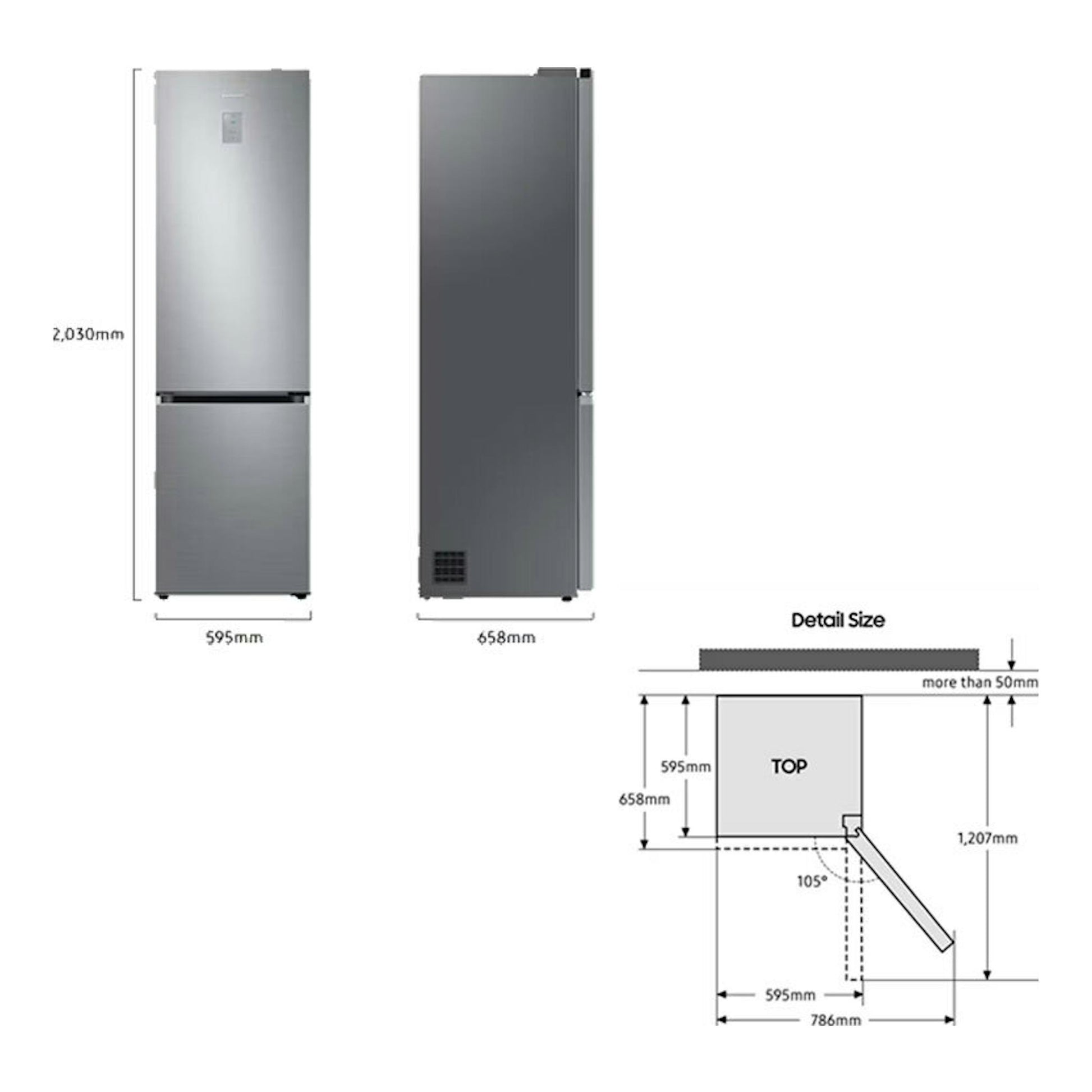 Frigorífico combi Samsung RB38C607AS9/EF en vista frontal y lateral, color gris, con medidas y detalle de apertura.