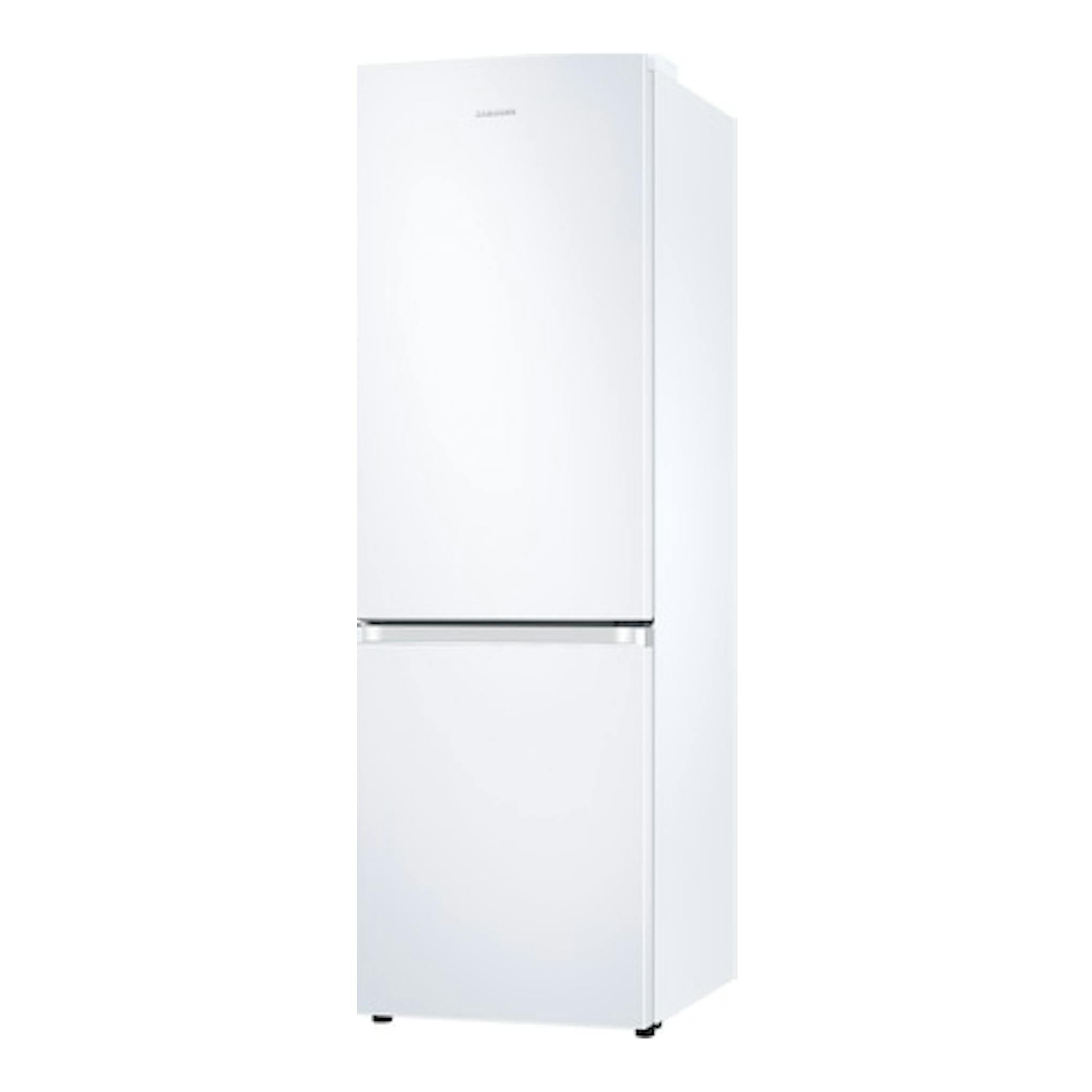 Frigorífico combi Samsung RB34C605CWW/EF blanco, vista frontal ligeramente angulada, con dos puertas.