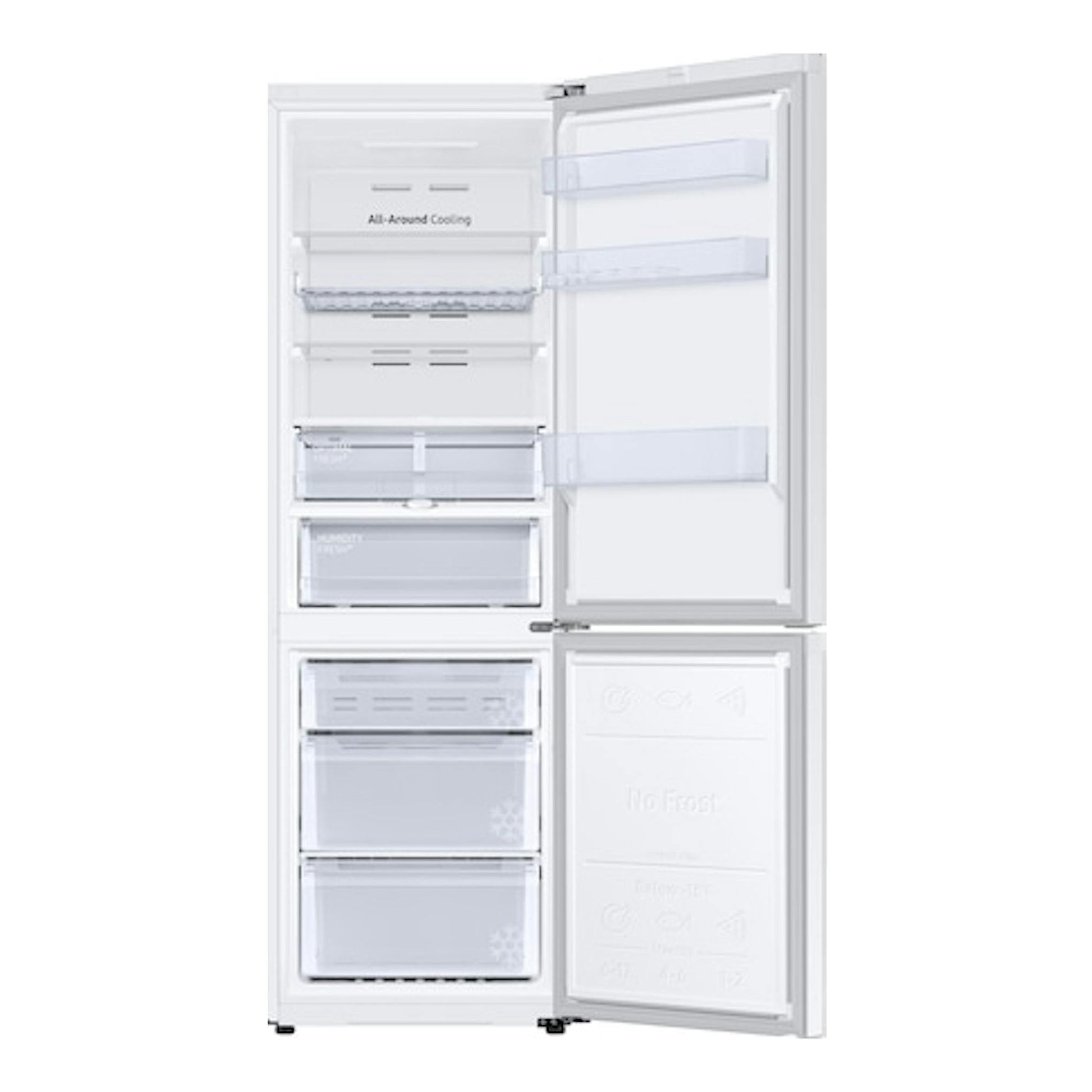 Frigorífico combi Samsung RB34C605CWW/EF blanco, con puertas abiertas, vista frontal.
