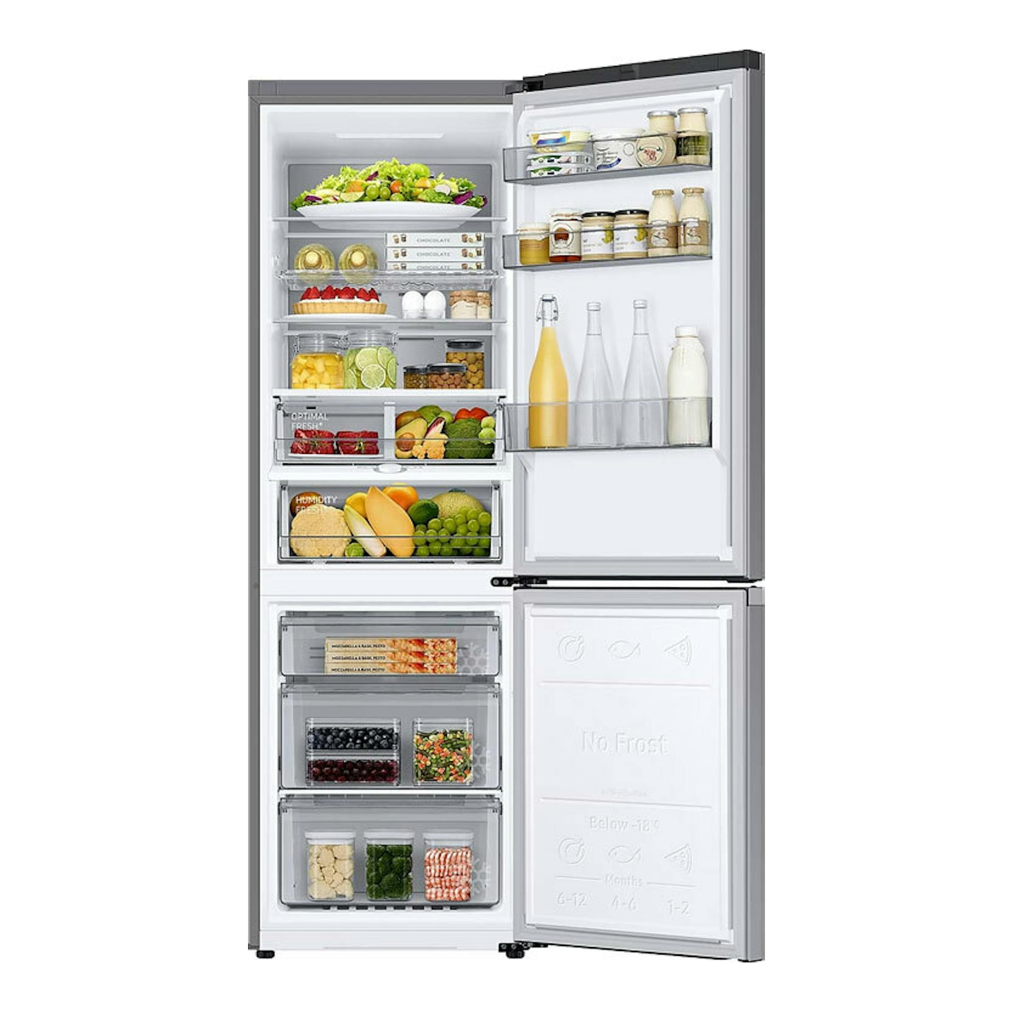 Frigorífico combi Samsung RB34C775CS9/EF en acero gris, abierto de frente, con estantes y cajones visibles.