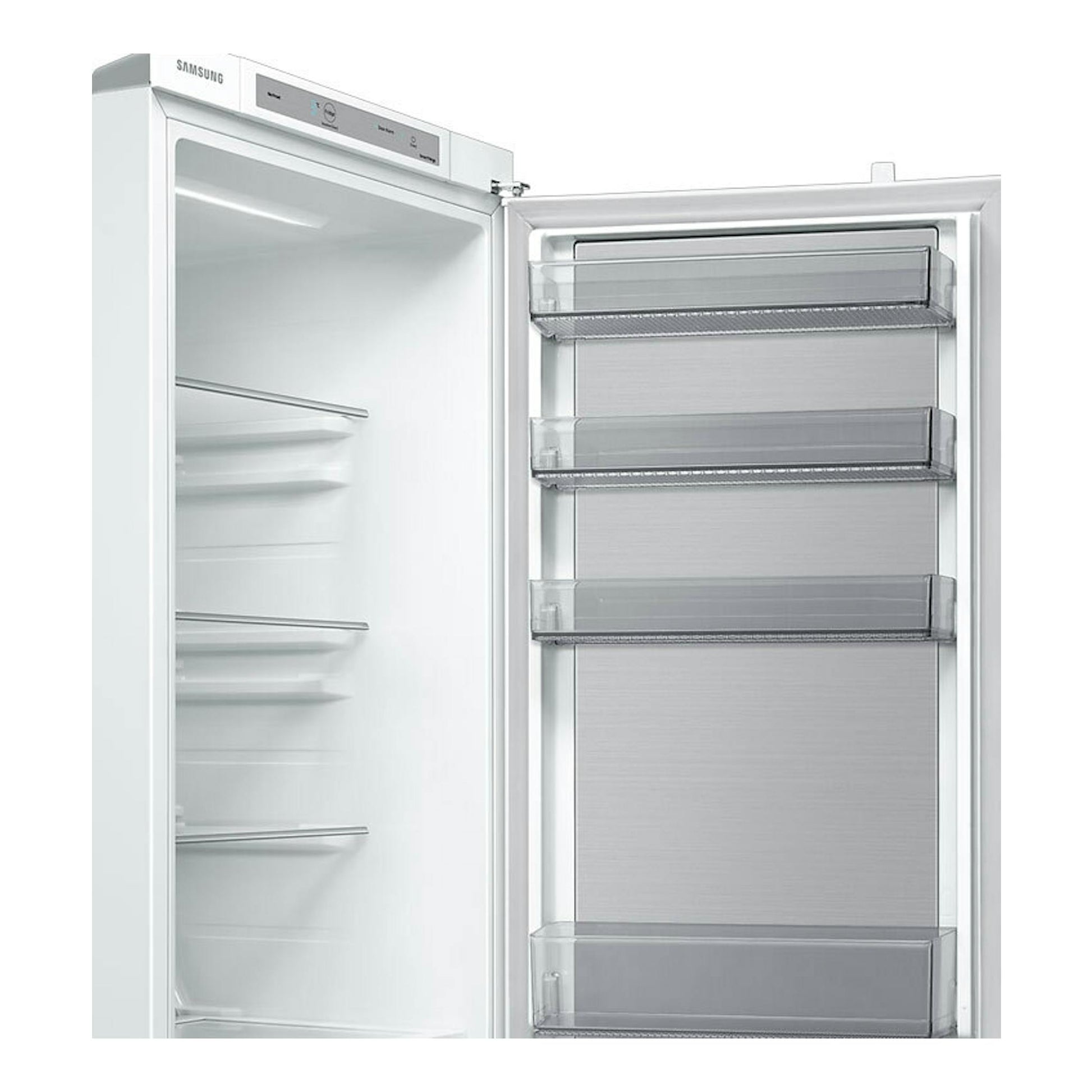 Frigorífico integrable Samsung BRR29703EWW/EF blanco, vista frontal con la puerta abierta e interior vacío.