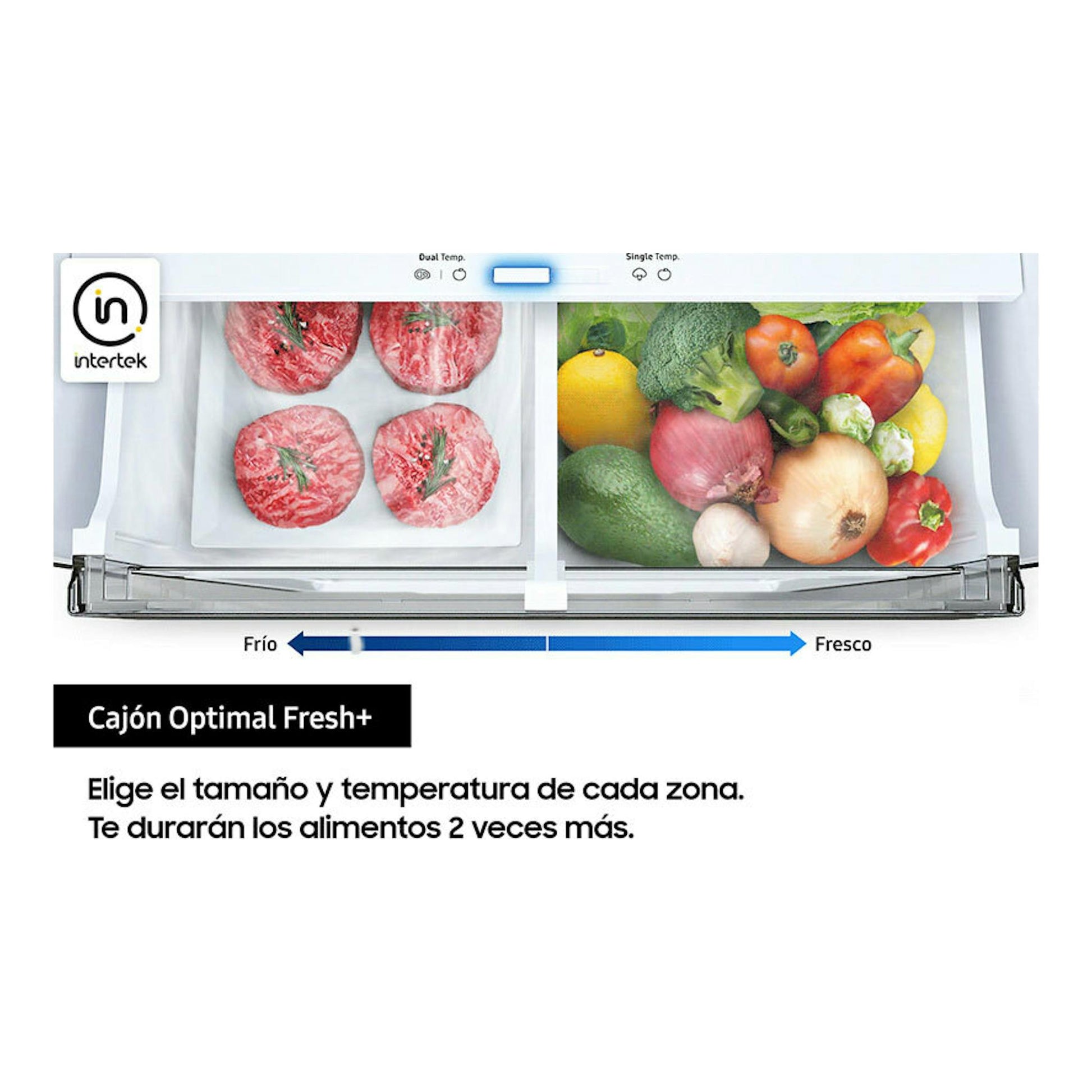 Frigorífico Samsung RB34C775CS9/EF, cajón Fresh+ dividido con carne y verduras, vista frontal.