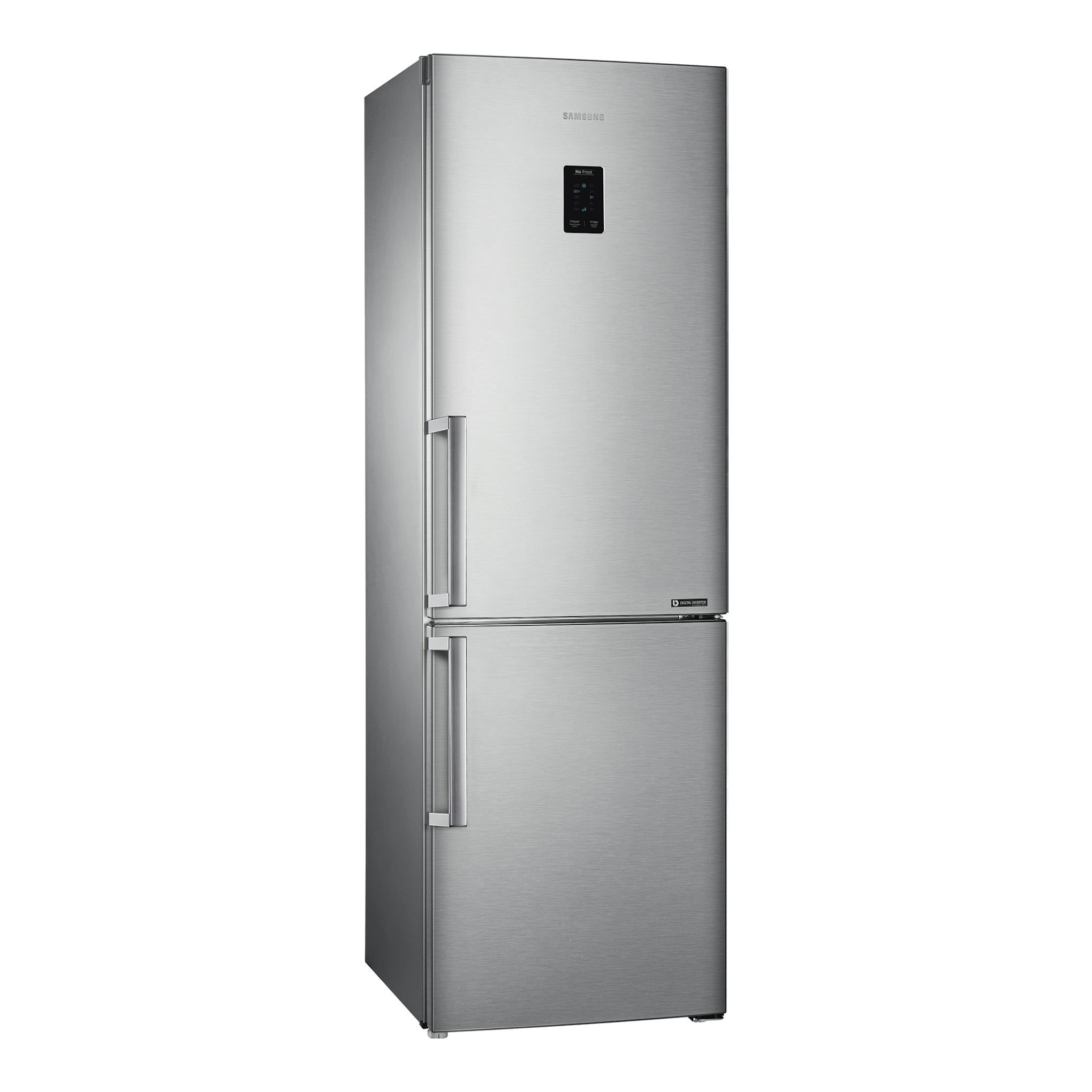 Frigorífico combi Samsung RB33J3315SA/EF en acero inoxidable, vista frontal, con display en la puerta.