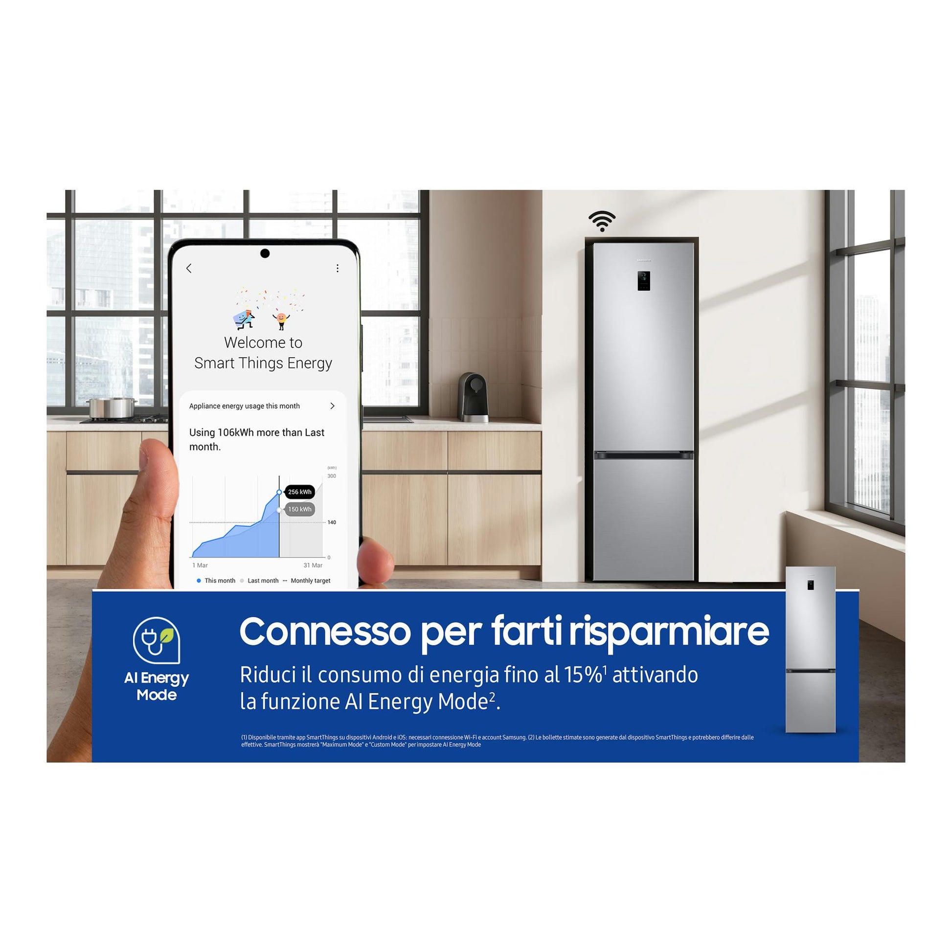 Frigorífico combi Samsung RB38C674CSA/EF plateado, con icono Wi‑Fi y móvil con app SmartThings en cocina.