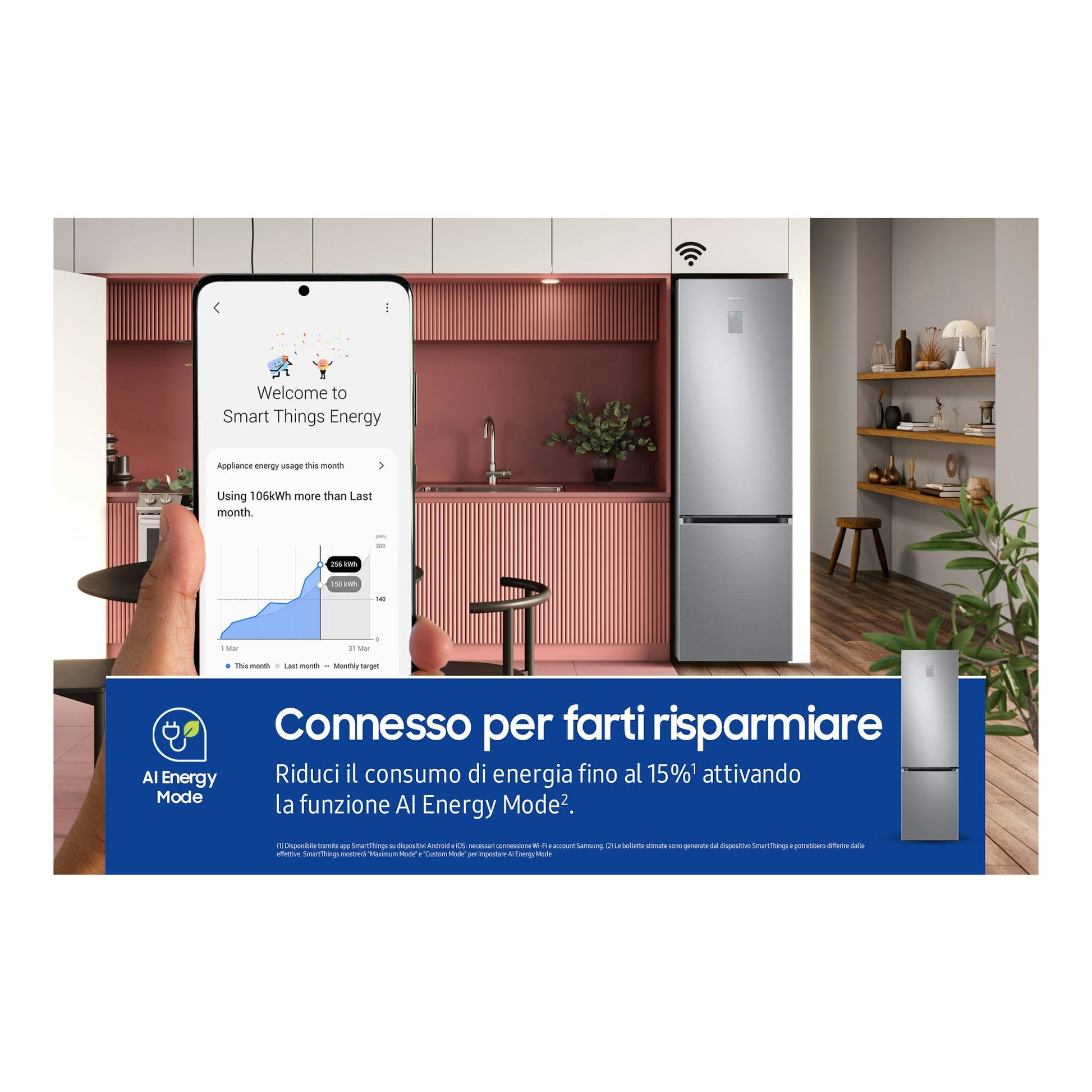 Frigorífico combi Samsung RB38C776DS9/EF inox, frontal, en cocina con móvil mostrando SmartThings Energy.