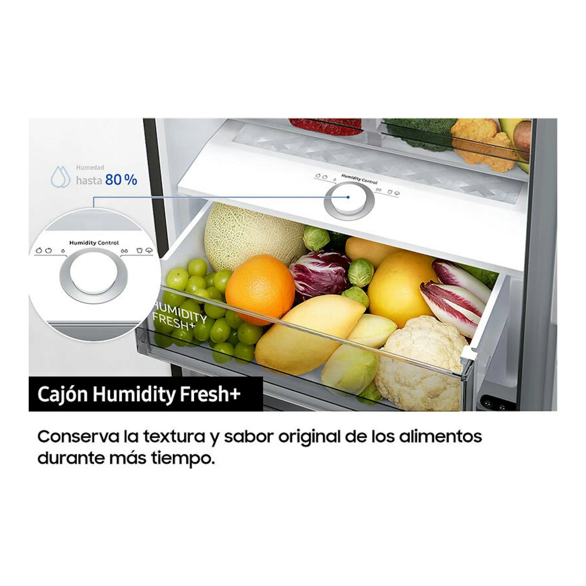 Interior de frigorífico Samsung RB34C775CS9/EF con cajón Humidity Fresh+ lleno de frutas y verduras.