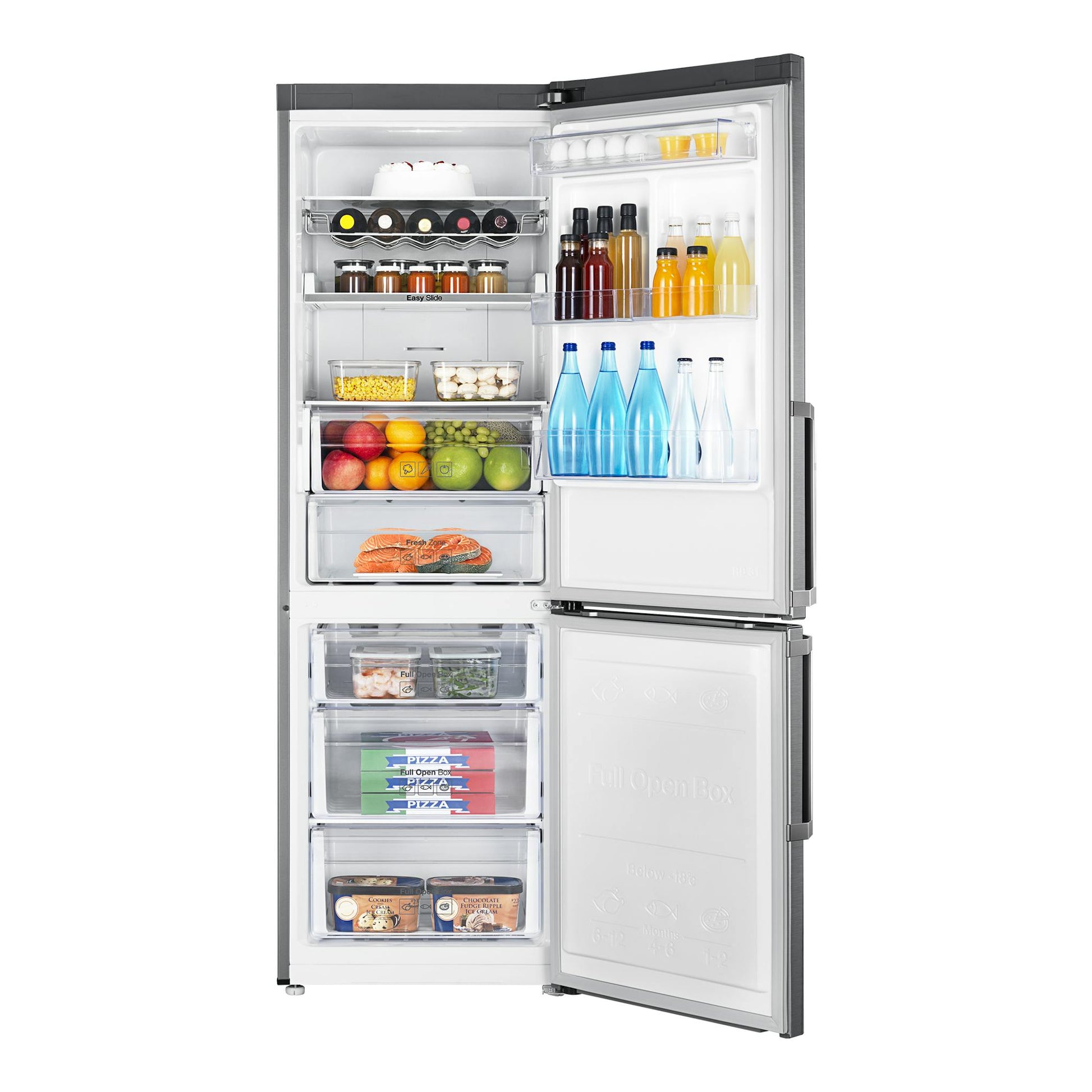 Frigorífico combi Samsung RB33J3315SA/EF plateado, abierto en vista frontal, con alimentos y botellas en estantes.
