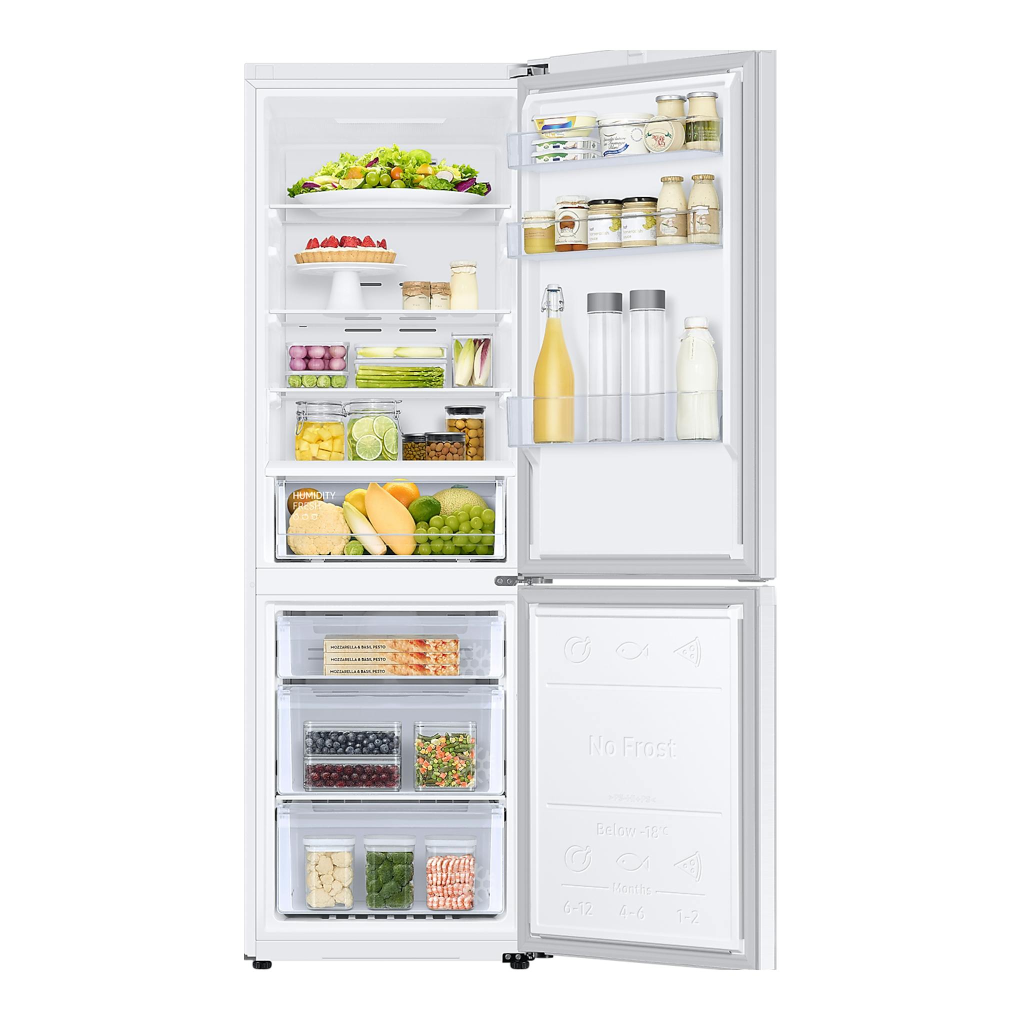 Frigorífico Samsung RB34C600CWW/EF blanco, vista frontal con puertas abiertas y compartimentos visibles.