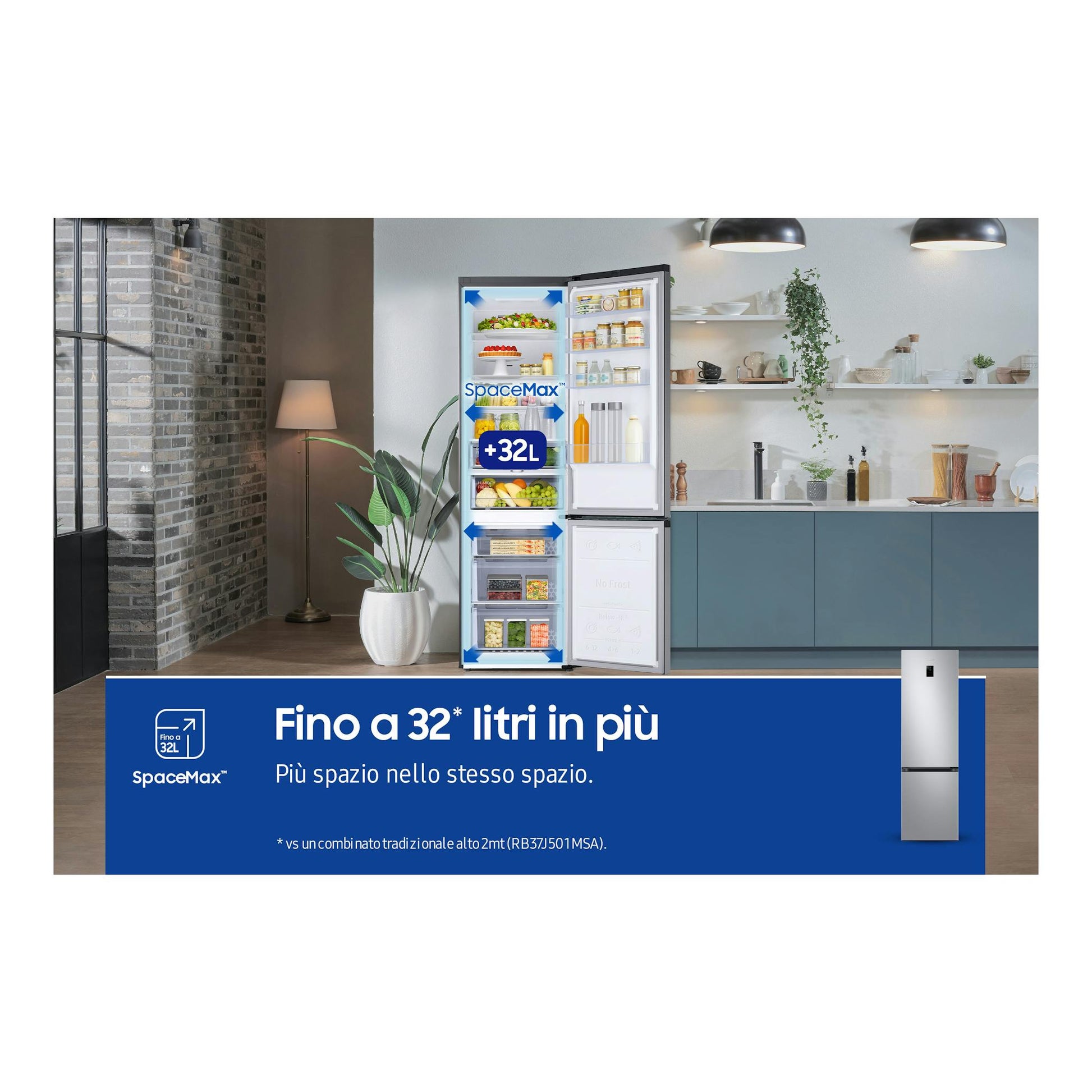 Frigorífico combi Samsung RB38C674CSA/EF en acero inoxidable, vista frontal con puertas abiertas.
