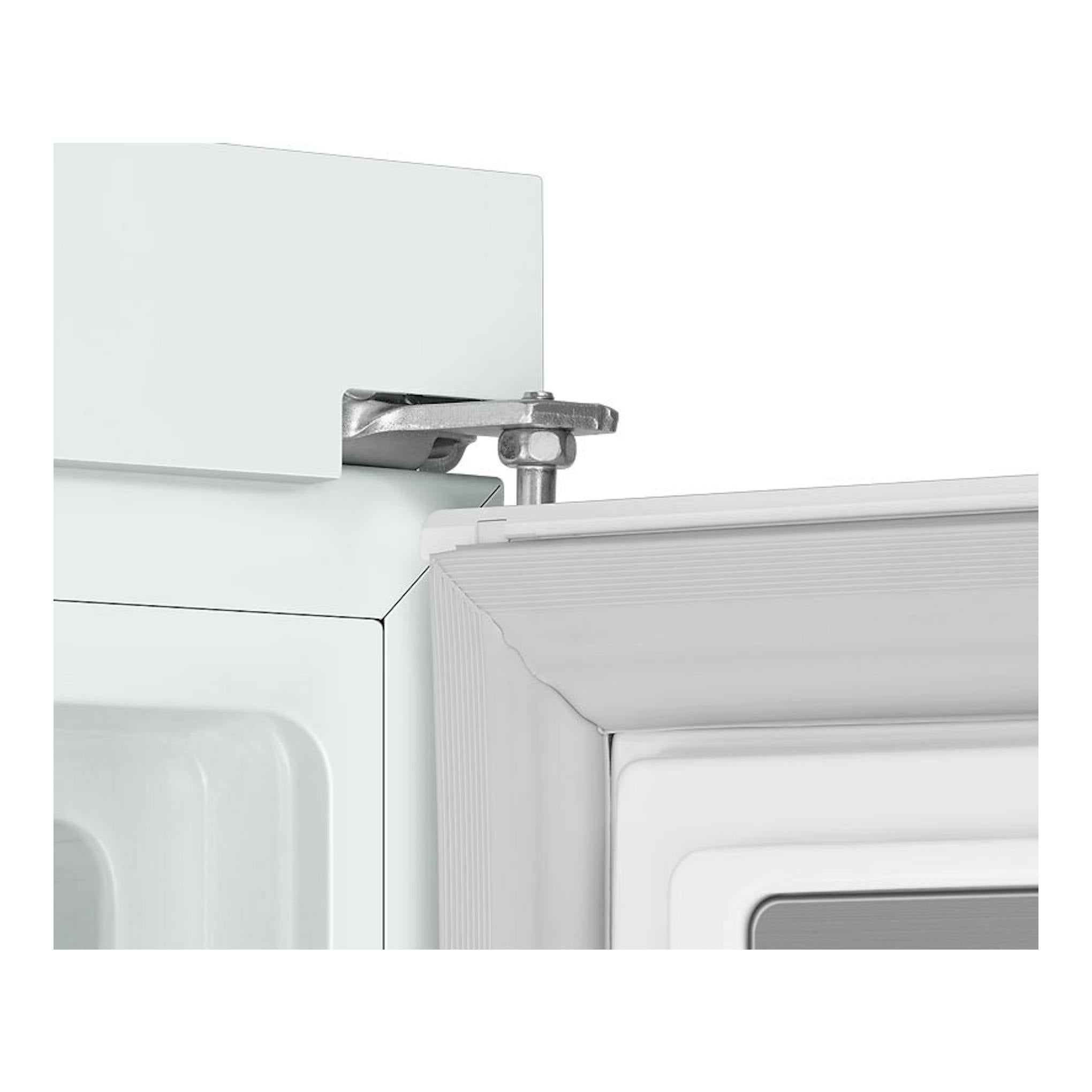 Congelador integrable Samsung BRZ22700EWW/EF, detalle en blanco de la bisagra superior de la puerta.