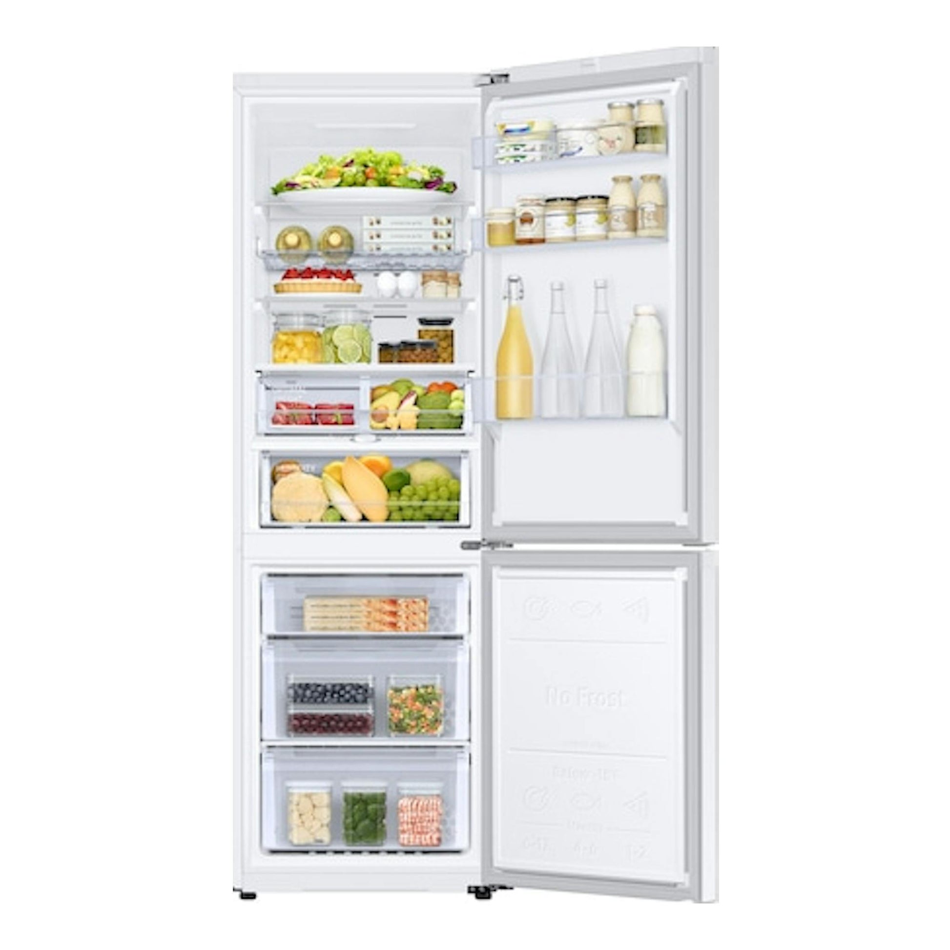 Frigorífico combi Samsung RB34C605CWW/EF blanco, vista frontal abierta, con frigorífico y congelador visibles.