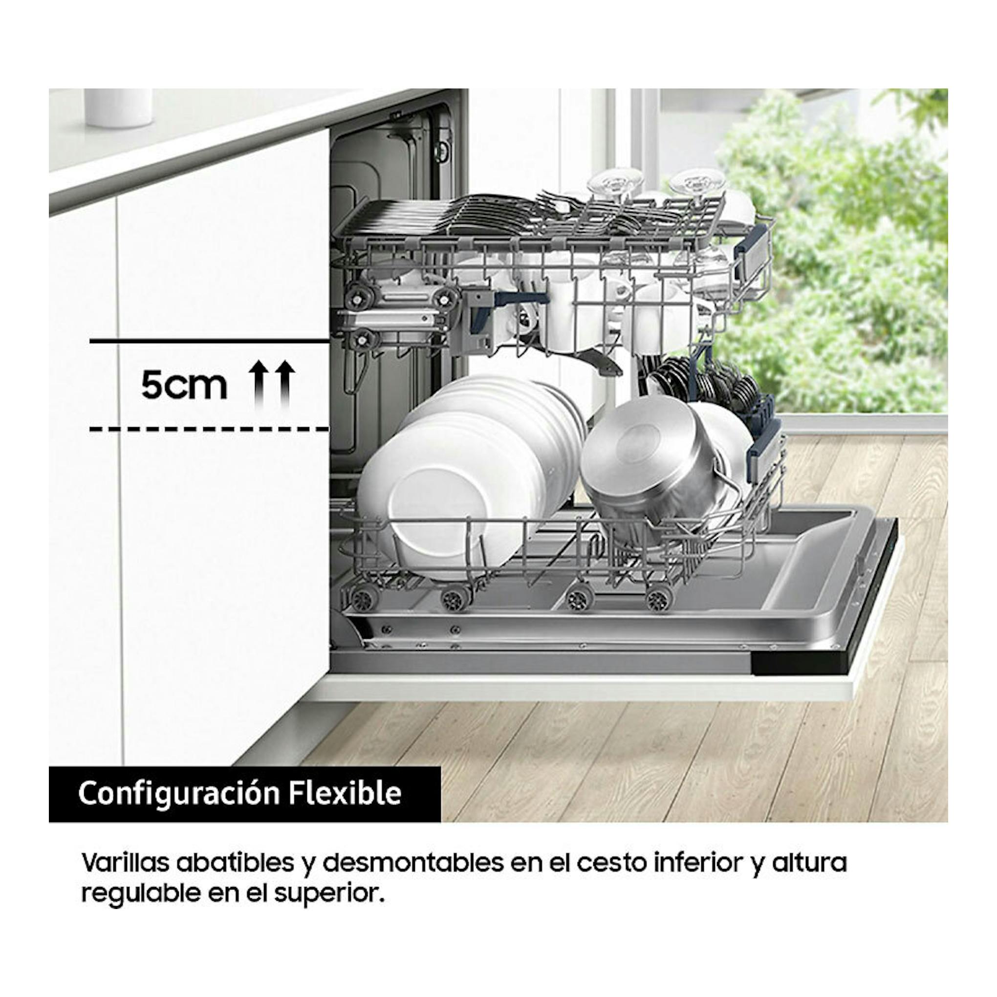Lavavajillas Samsung DW60A6092FW/EF con puerta abierta, cestos cargados de platos y vasos, vista lateral.