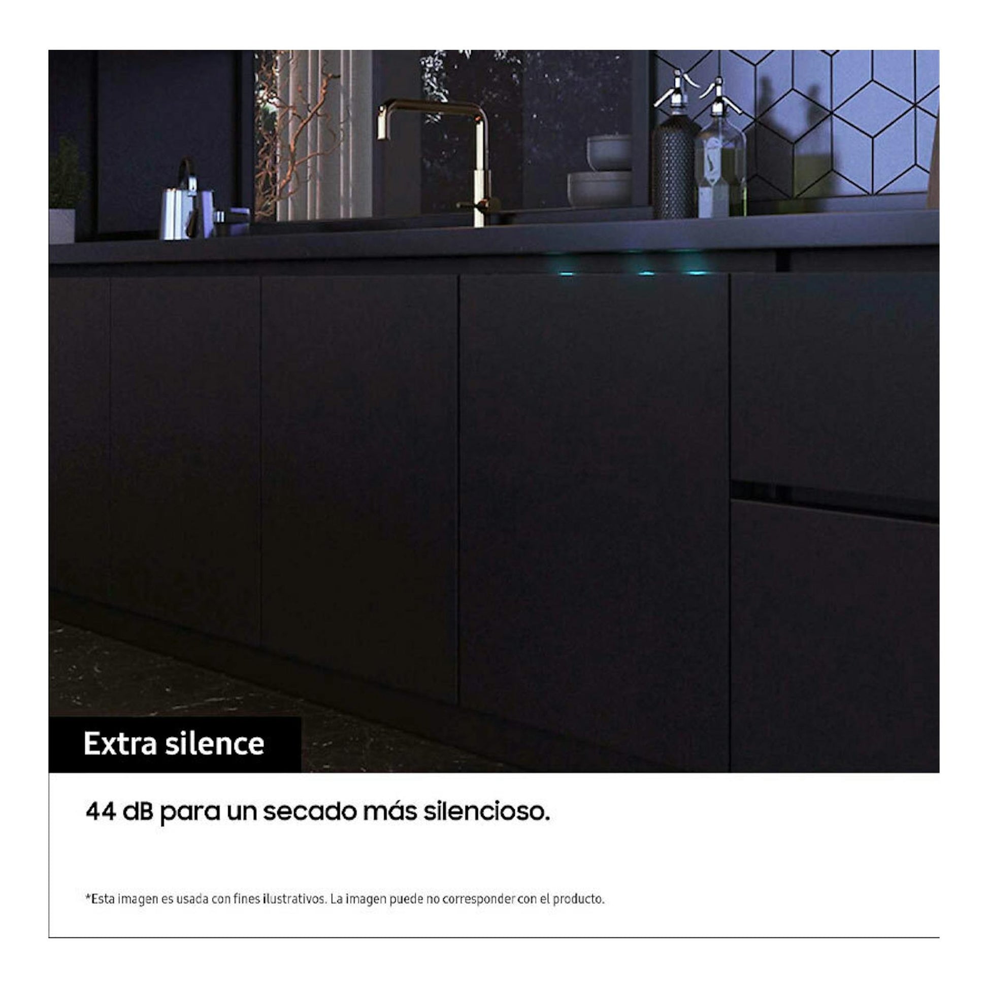 Cocina con lavavajillas Samsung DW60A6092FW/EF integrado en mueble negro y texto “Extra silence”.