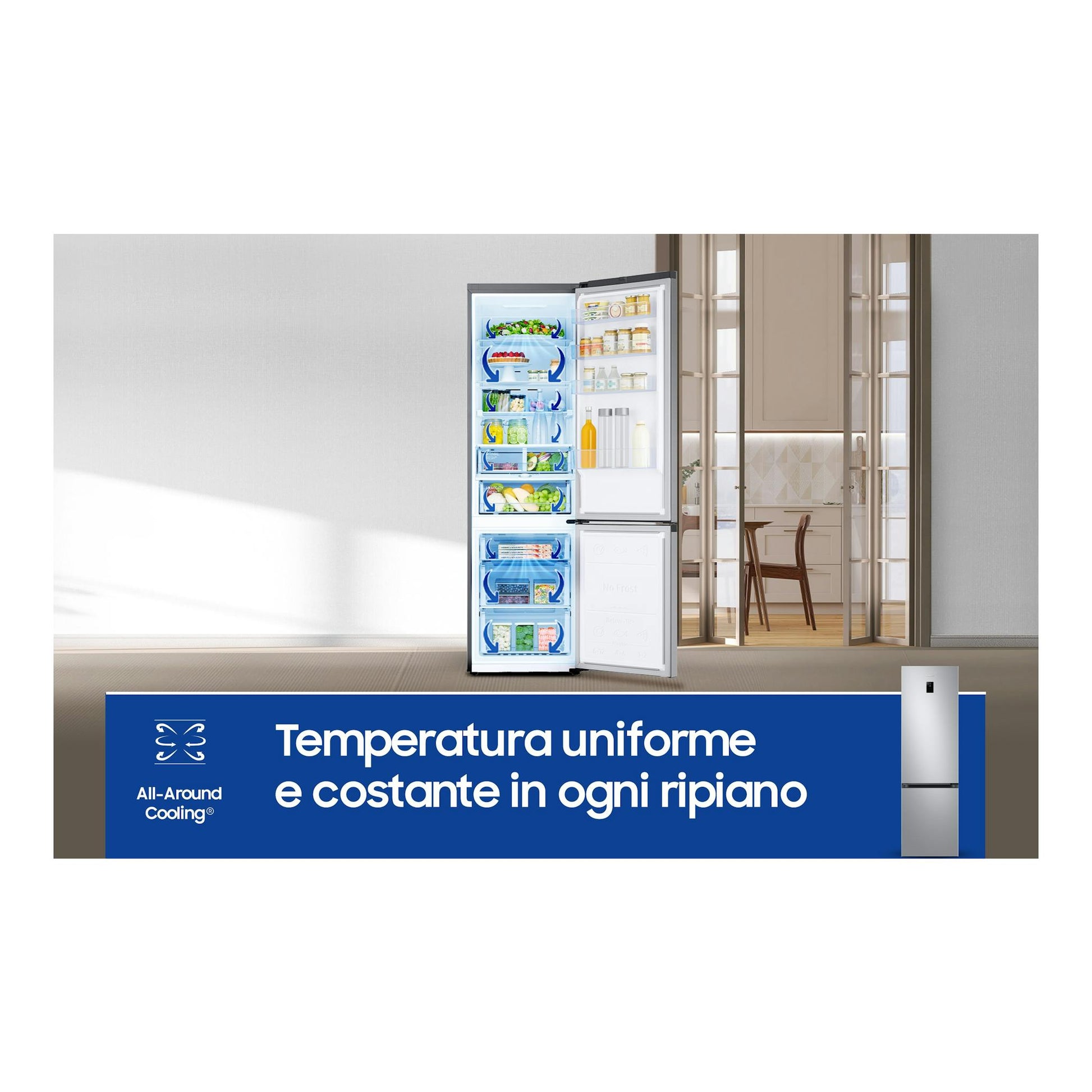 Frigorífico combi Samsung RB38C674CSA/EF en acero inoxidable, abierto, con interior visible y banner promocional.