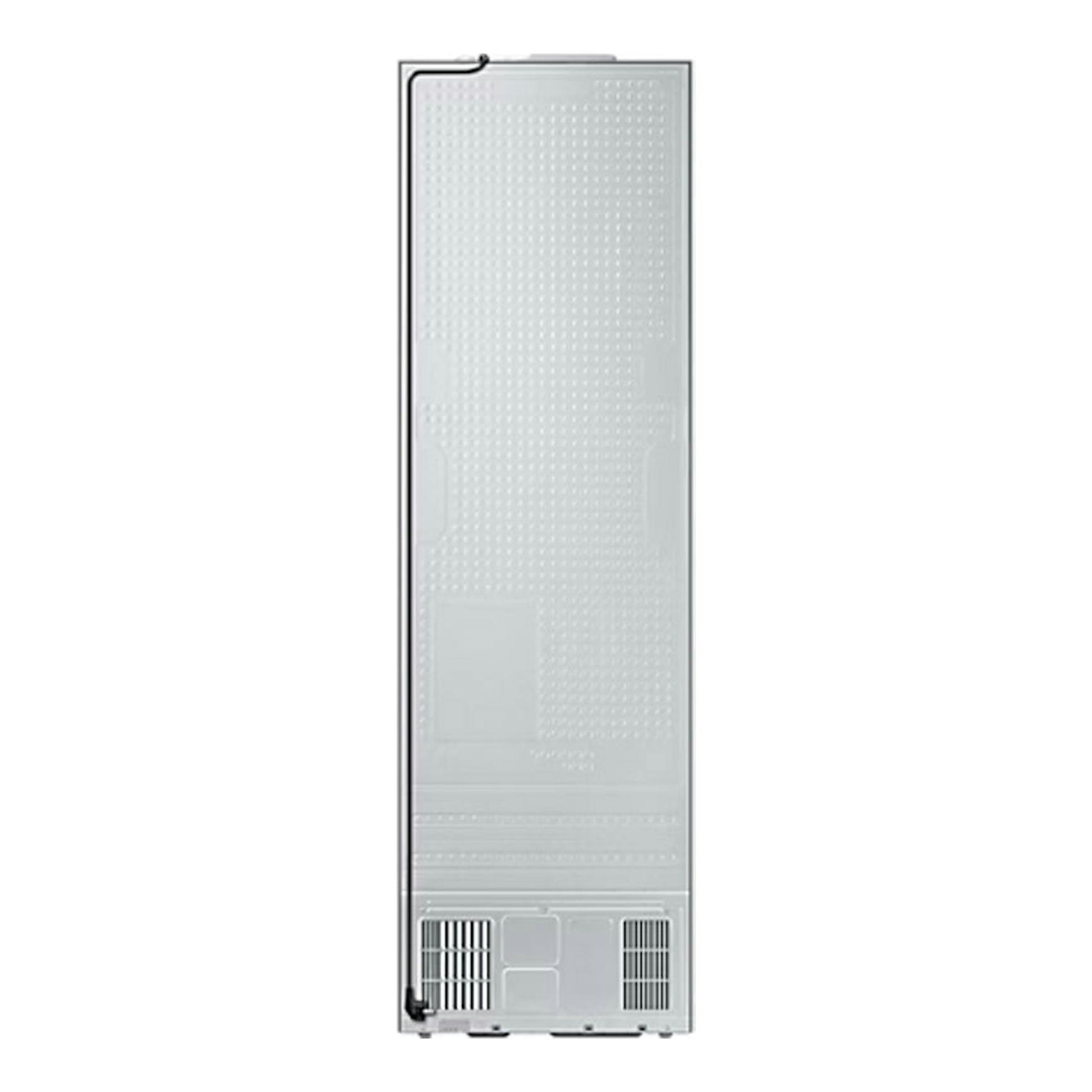 Frigorífico combi Samsung RB38C607AS9/EF en vista trasera, acabado plateado, con rejillas inferiores.