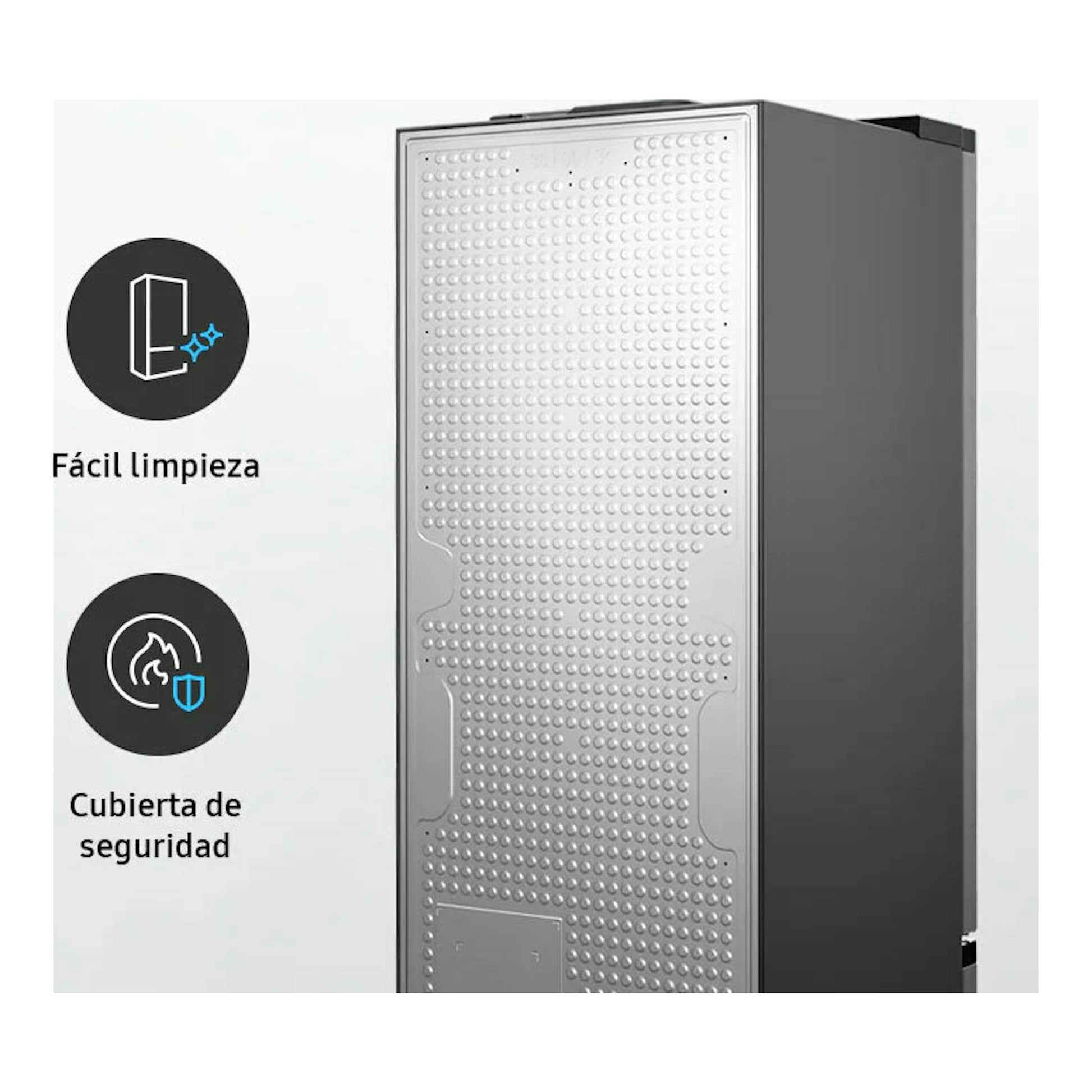 Vista trasera en ángulo de frigorífico combi Samsung RB34C775CS9/EF gris con panel metálico texturizado.