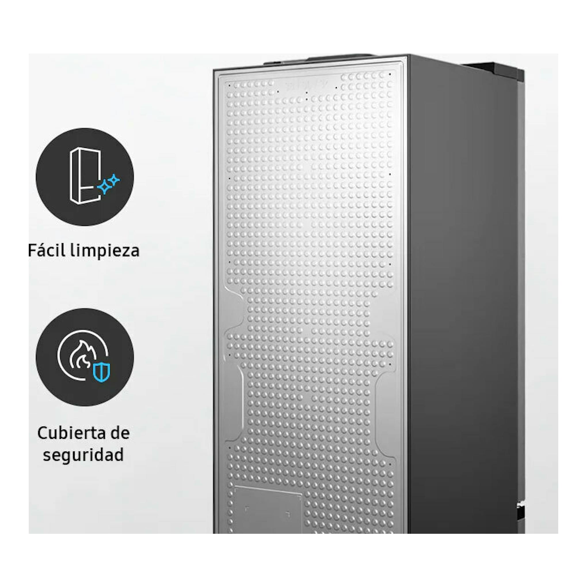 Vista trasera en ángulo de frigorífico combi Samsung RB34C775CS9/EF gris con panel metálico texturizado.