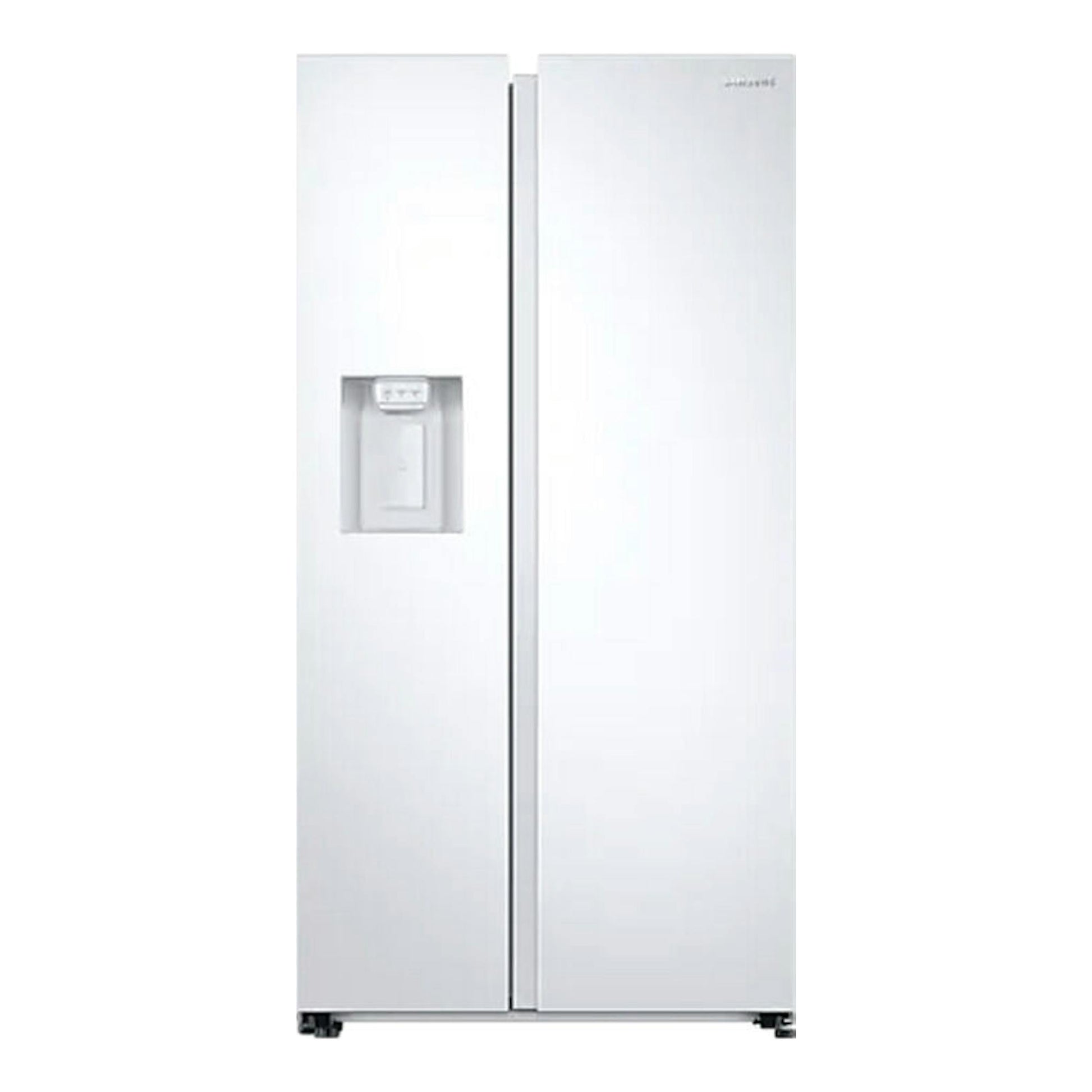 Frigorífico americano Samsung RS68A8831WW/EF blanco, vista frontal, con dispensador en la puerta izquierda.