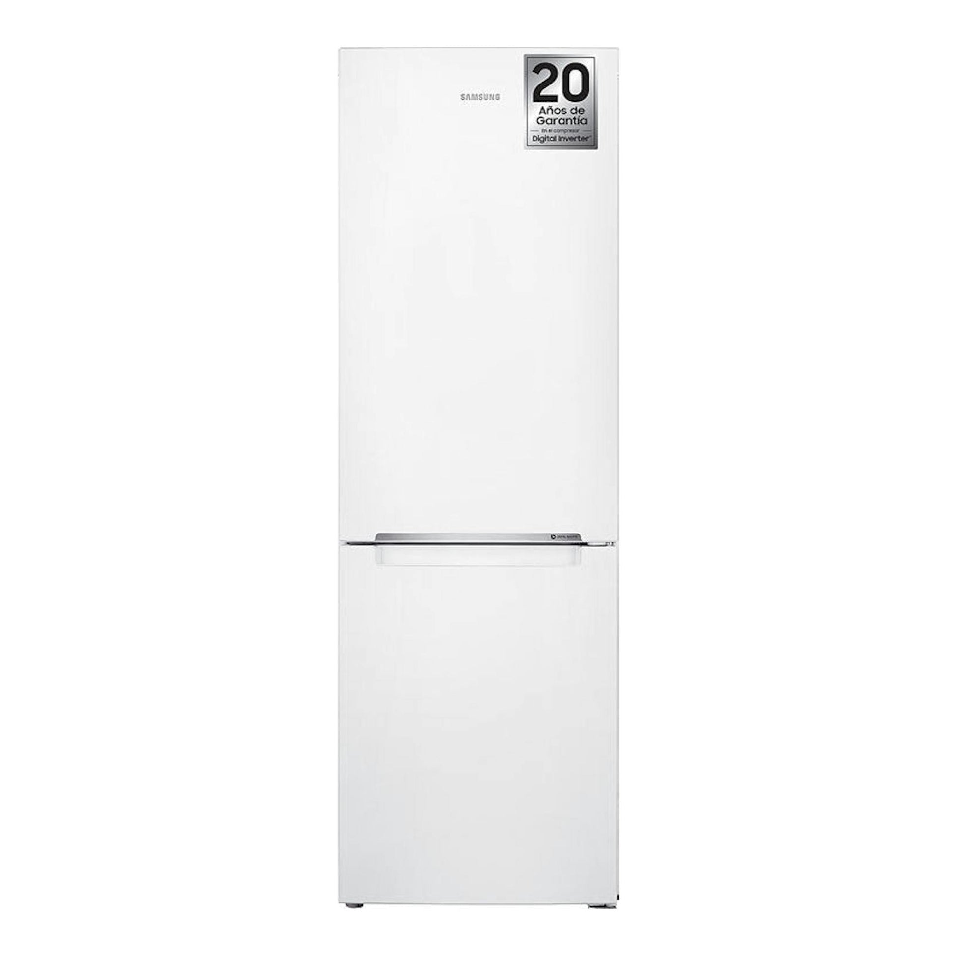 Frigorífico combi Samsung RB33J3000WW/EF blanco, vista frontal, con puerta superior y congelador inferior.