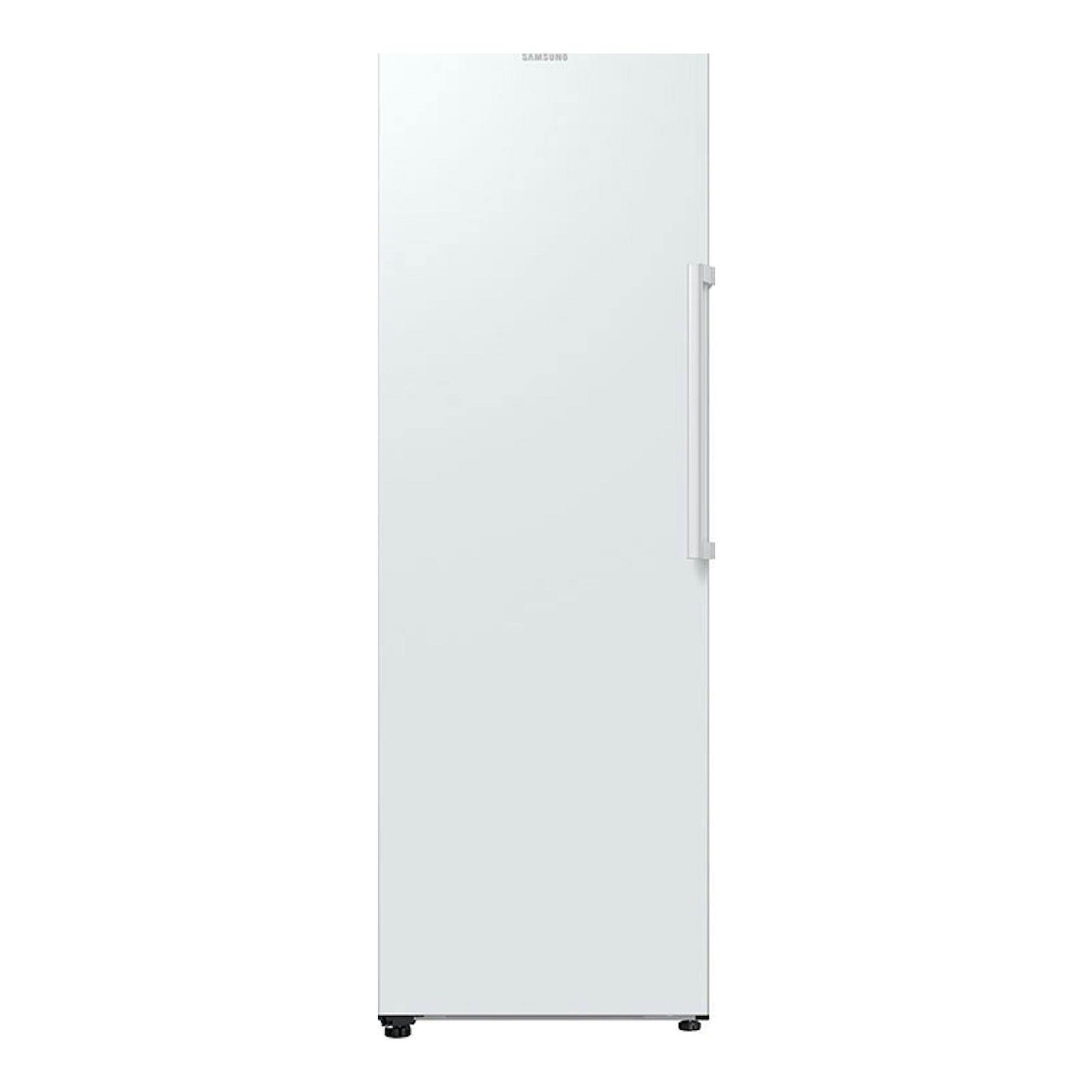 Congelador vertical Samsung RZ32C7ADEWW/EF blanco, vista frontal con tirador lateral.